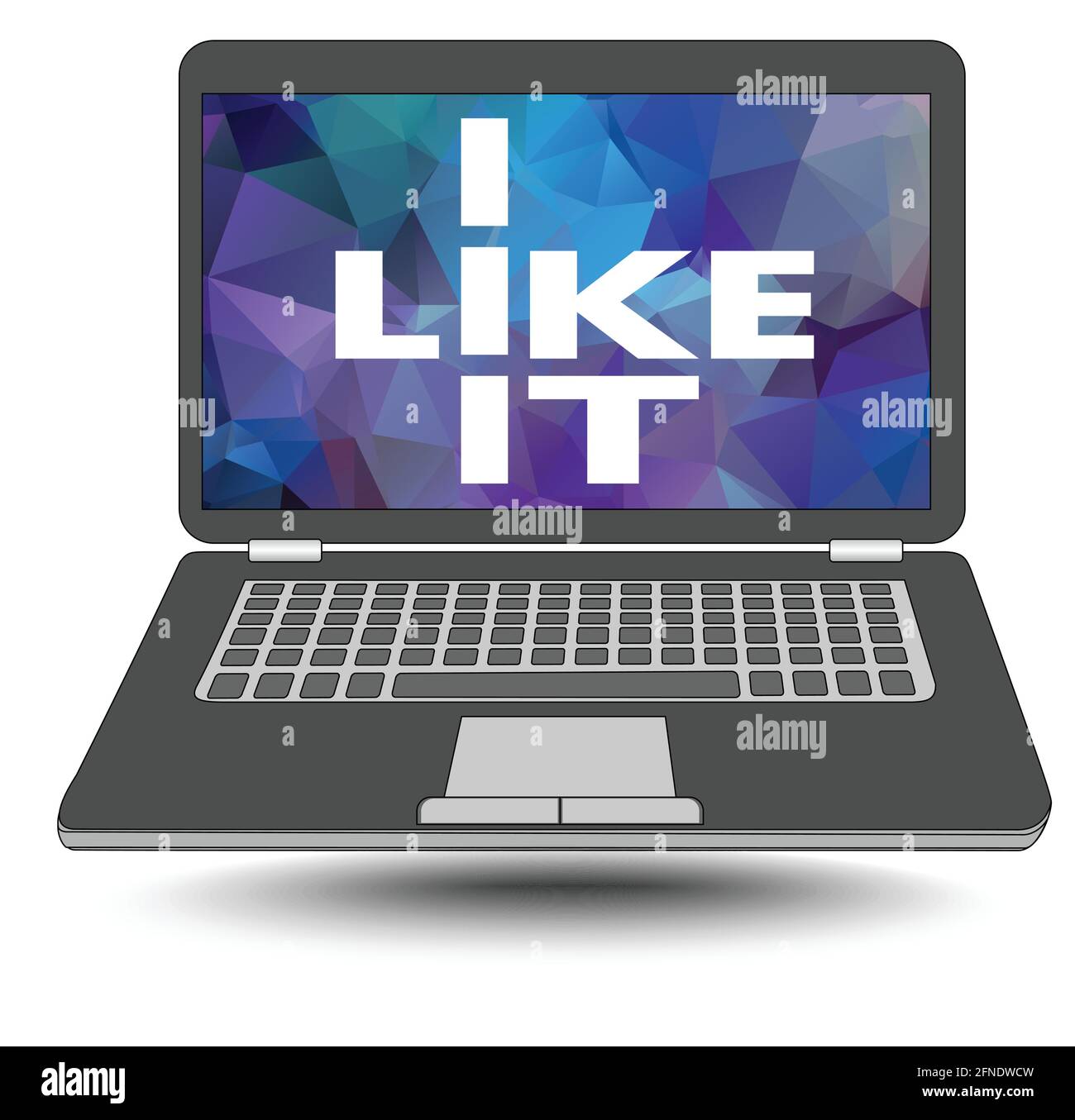 Mi piace. Mi piace l'informatica. Laptop con un'iscrizione bianca su sfondo poligonale. Elemento banner pubblicitario per venditori di inf Illustrazione Vettoriale