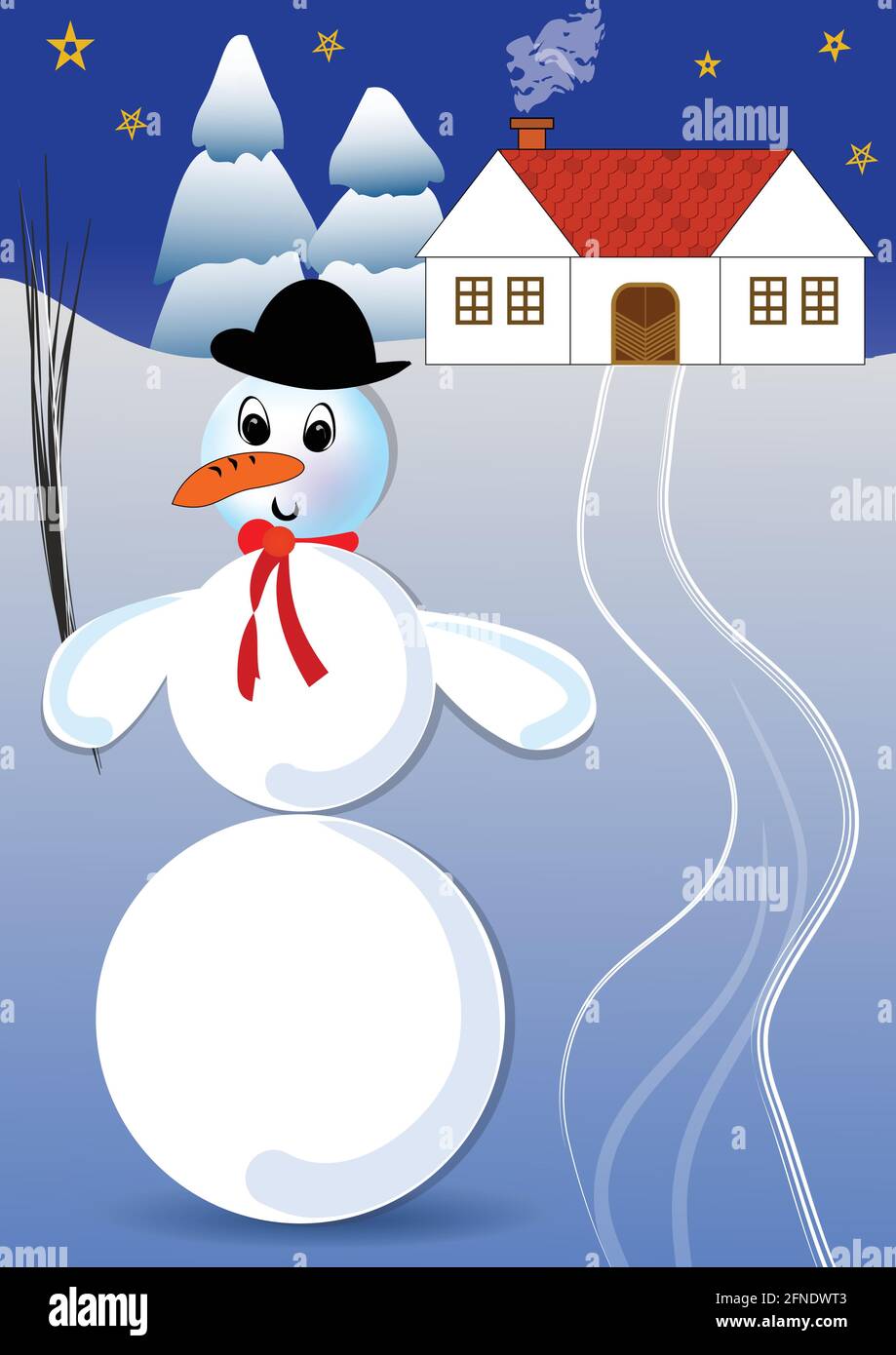Pupazzo di neve con cappello bowler e sciarpa rossa in un paesaggio innevato con casa rurale e abeti. Immagine idilliaca dell'inverno, la neve si illuminò su l'oscurato Illustrazione Vettoriale