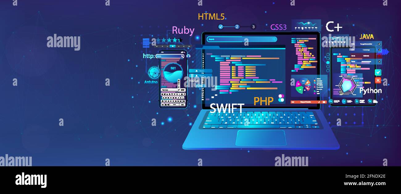 Software di sviluppo banner Web e interfaccia utente in diversi dispositivi. Dashboard dell'app con codice e elementi dell'interfaccia utente, grafici e dati di analisi Illustrazione Vettoriale