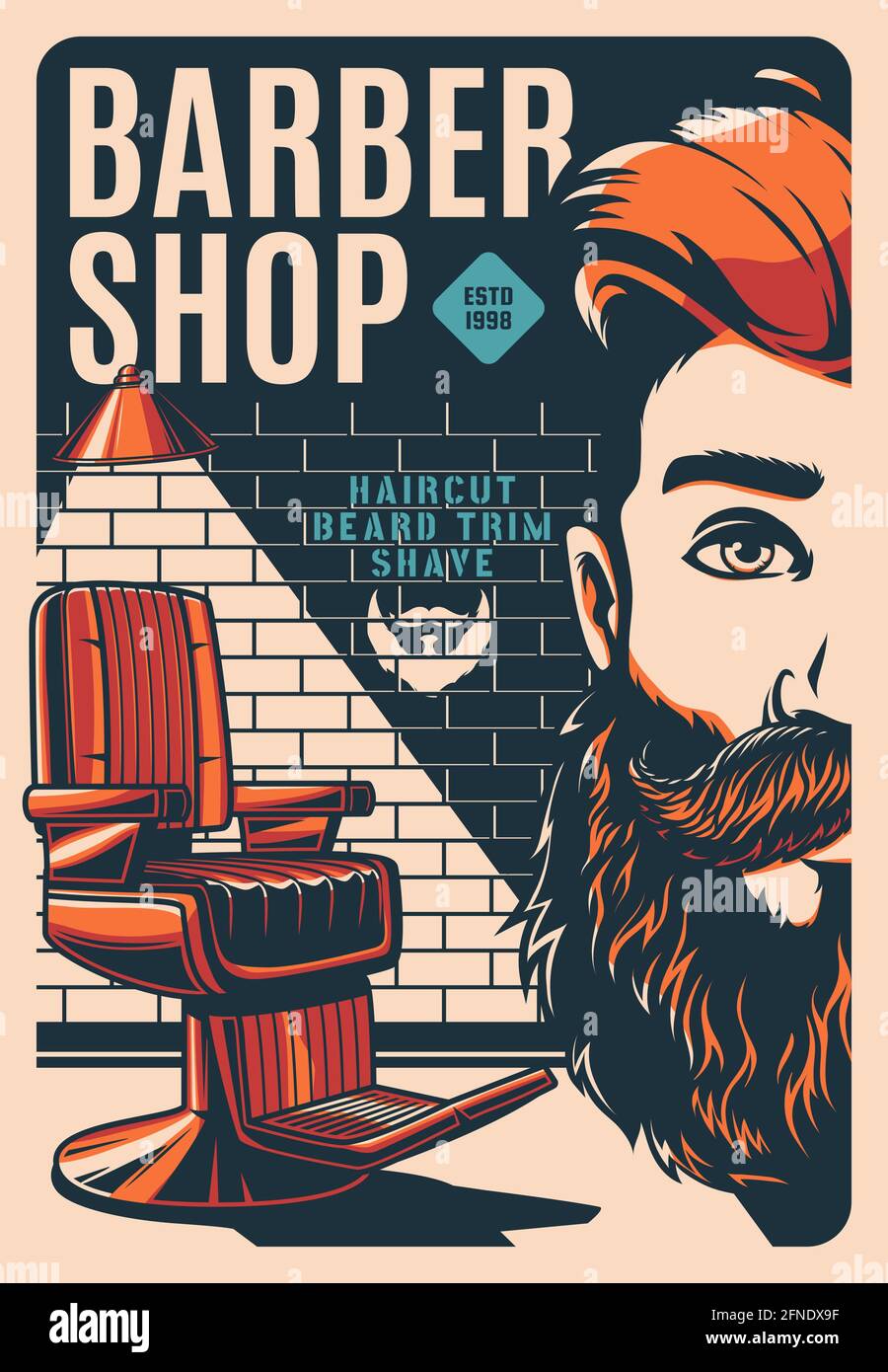 Poster retrò per barbiere con barba e baffi, vettoriale. Barbiere negozio  poster vintage o cartello con sedia barbiere per la rasatura della barba,  moustaches trimmi Immagine e Vettoriale - Alamy