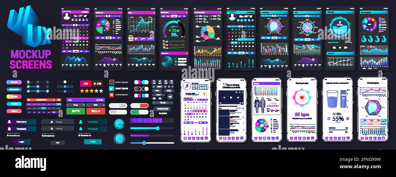 Grafica Big Collection UI, UX, ELEMENTI KIT. App scherma i mockups sull'argomento - analisi di business, salute, sport, trading di scambi finanziari Illustrazione Vettoriale