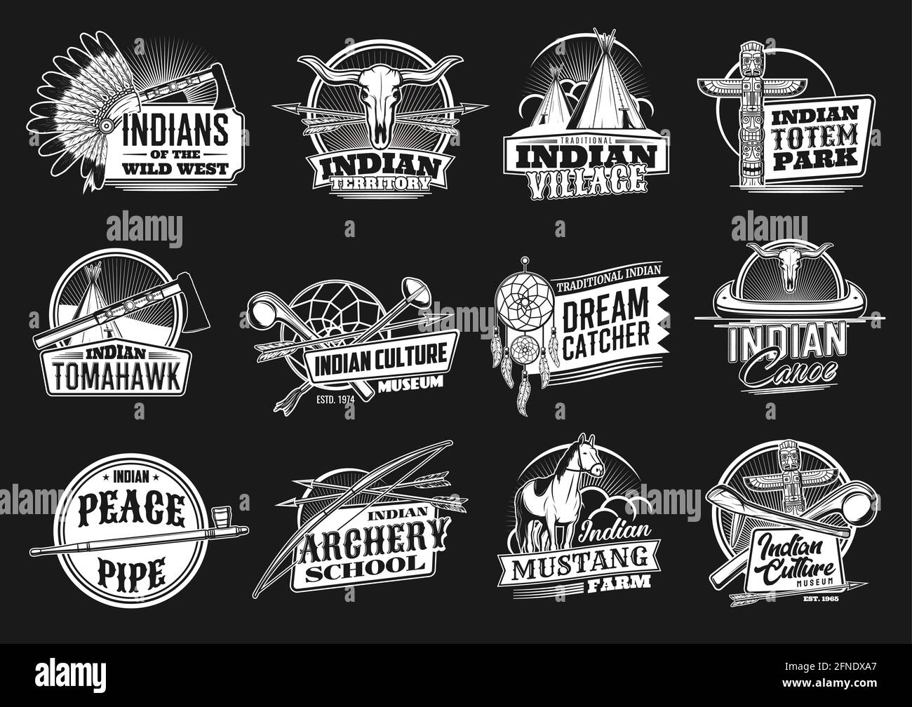 Indiano, West selvaggio vettore icone territorio indiano, villaggio o totem parco, tomahawk, museo della cultura e il catcher sogno con canoa. Tubo di pace, arciere sch Illustrazione Vettoriale