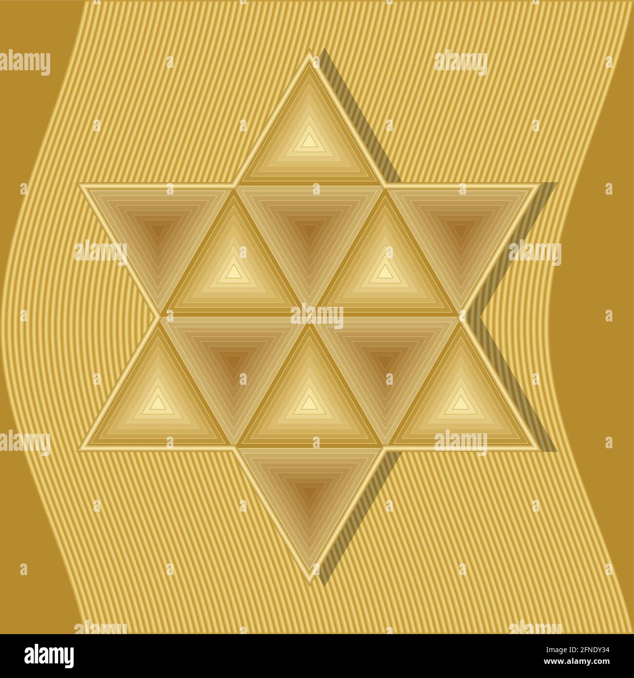Stella di David, simbolo di ebreo, giudaismo e Israele composto da triangoli dorati goffrati su sfondo astratto ondulato d'oro. Segno di equilibrio Illustrazione Vettoriale