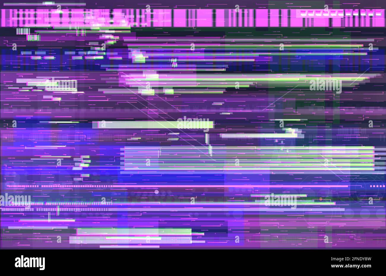 Banner glitch al neon in stile cyberpunk. Illustrazione vettoriale con effetto profondo di interferenza, sfondo, rumore, stridio, vhs, Assenza di segnale sullo schermo TV Illustrazione Vettoriale