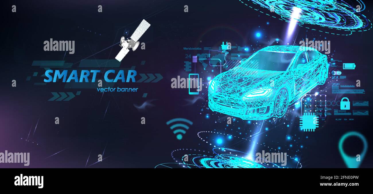 Auto elettrica intelligente futuristica in stile poligonale con interfaccia HUD e icone. Ologramma automatico intelligente in wireframe in linea basso-poly. Automobile intelligente Illustrazione Vettoriale