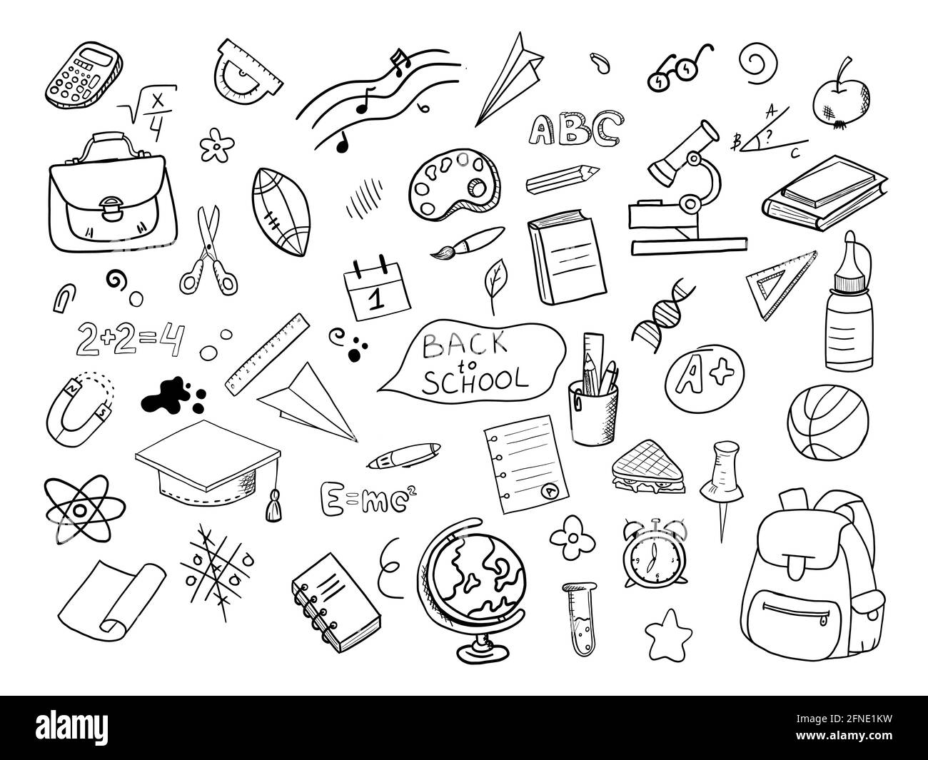 Disegno a mano libera di oggetti scolastici . Ritorno a scuola. Illustrazione Vettoriale