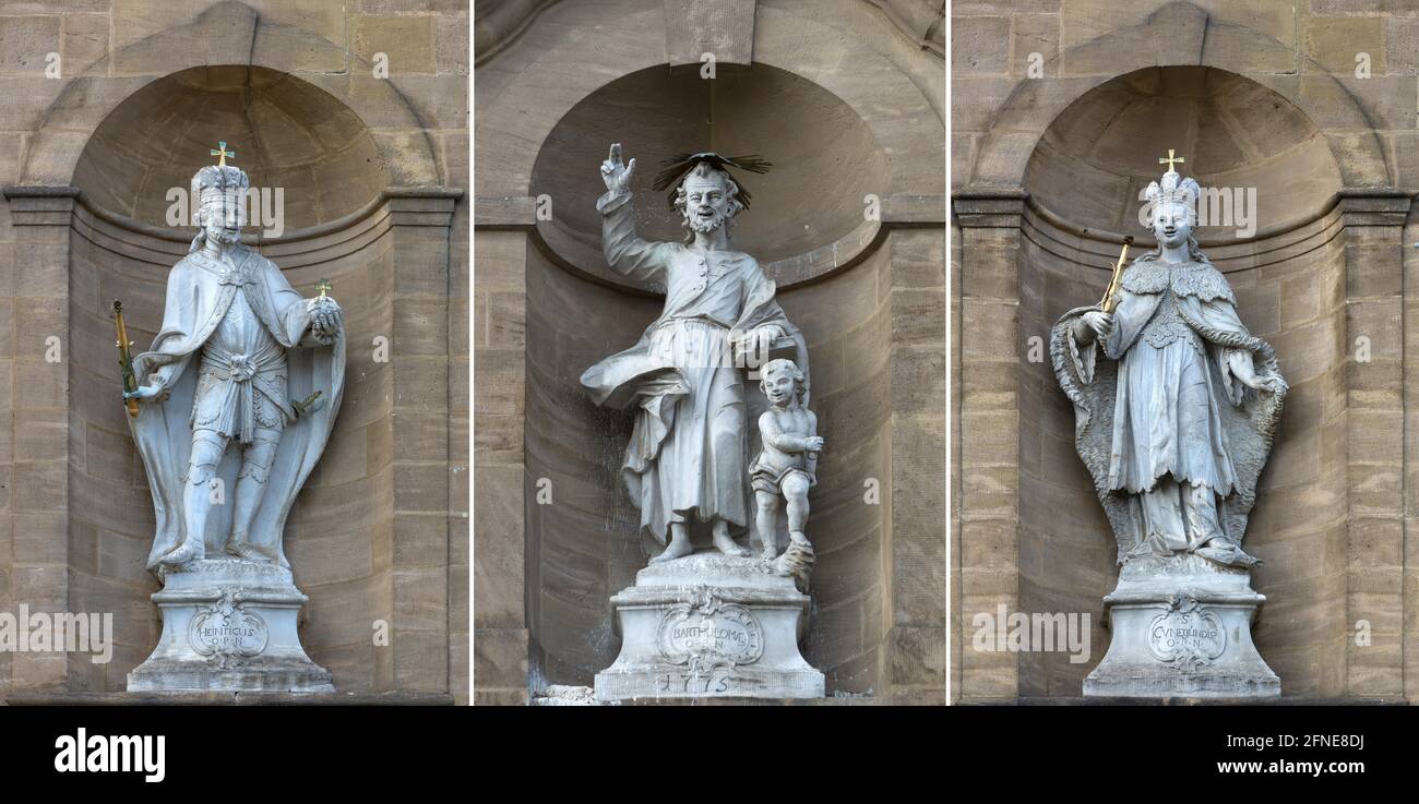 Sculture dell'imperatore Enrico II, San Bartolomeo e dell'imperatrice Kunigunde, presso la chiesa barocca di Bartolomeo, Buttenheim, alta Franconia, Baviera Foto Stock