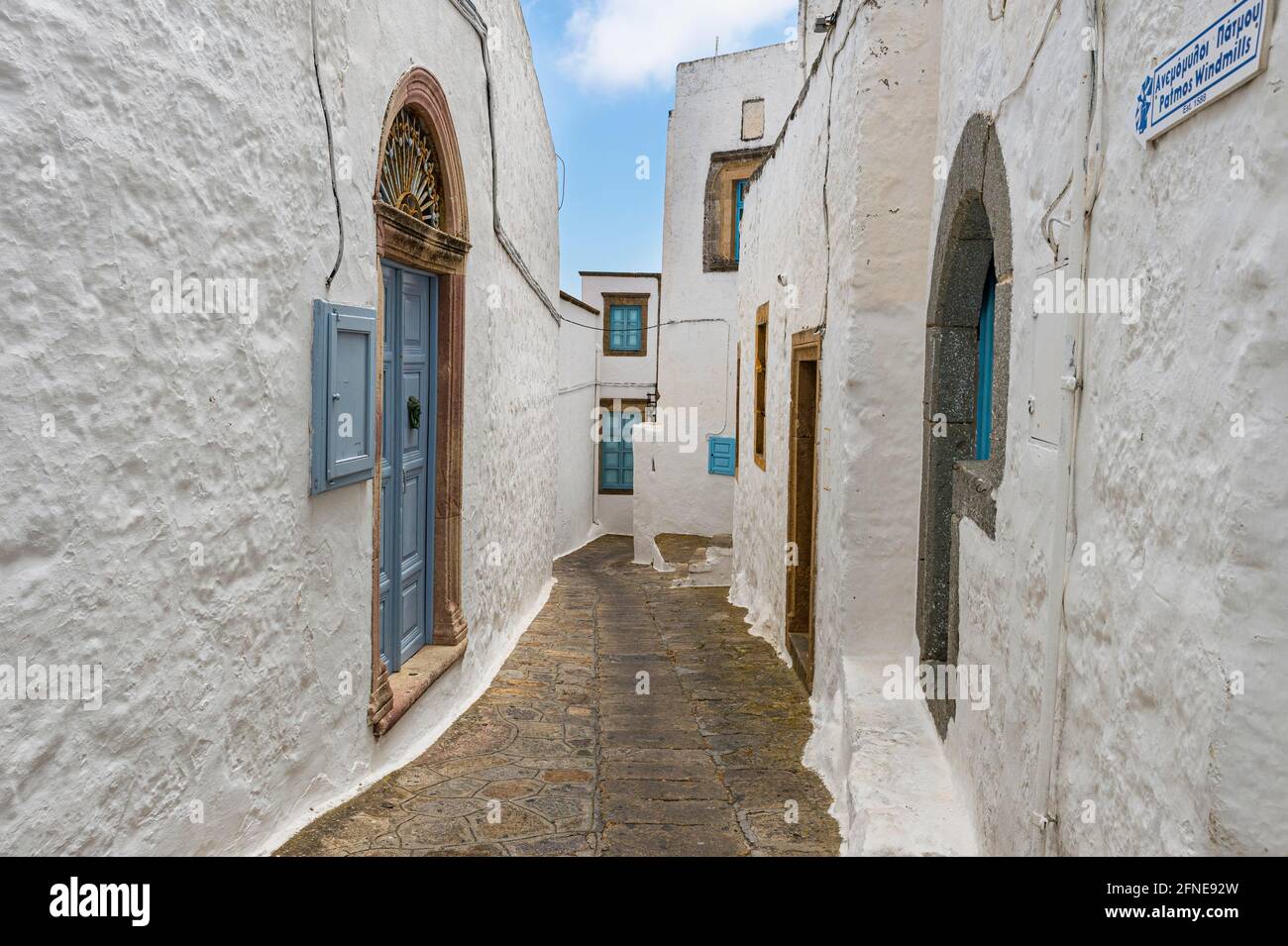 Case bianche, patrimonio dell'umanità dell'UNESCO, Monastero di San Giovanni Teologo, Chora, Patmos, Grecia Foto Stock