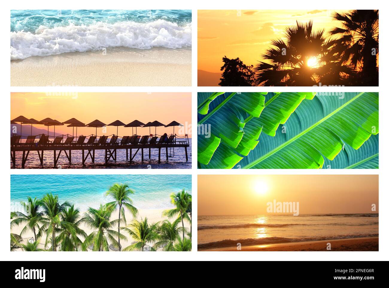 Concetto di viaggio e relax. Set di striscioni orizzontali con palma, sabbia e onde oceaniche, silhouette di ombrelloni e sedie a sdraio sullo sfondo del cielo del tramonto Foto Stock