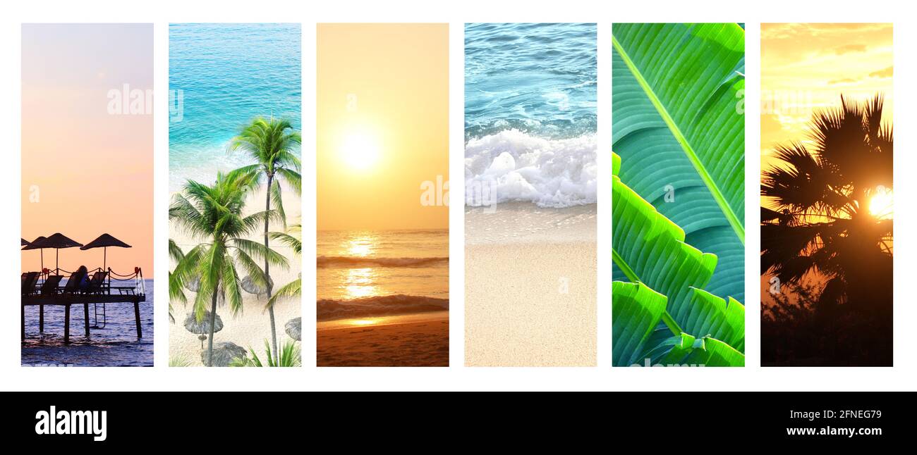 Concetto di viaggio e relax. Set di striscioni verticali con palma, sabbia e onde oceaniche, silhouette di ombrelloni e sedie a sdraio sullo sfondo del cielo del tramonto Foto Stock