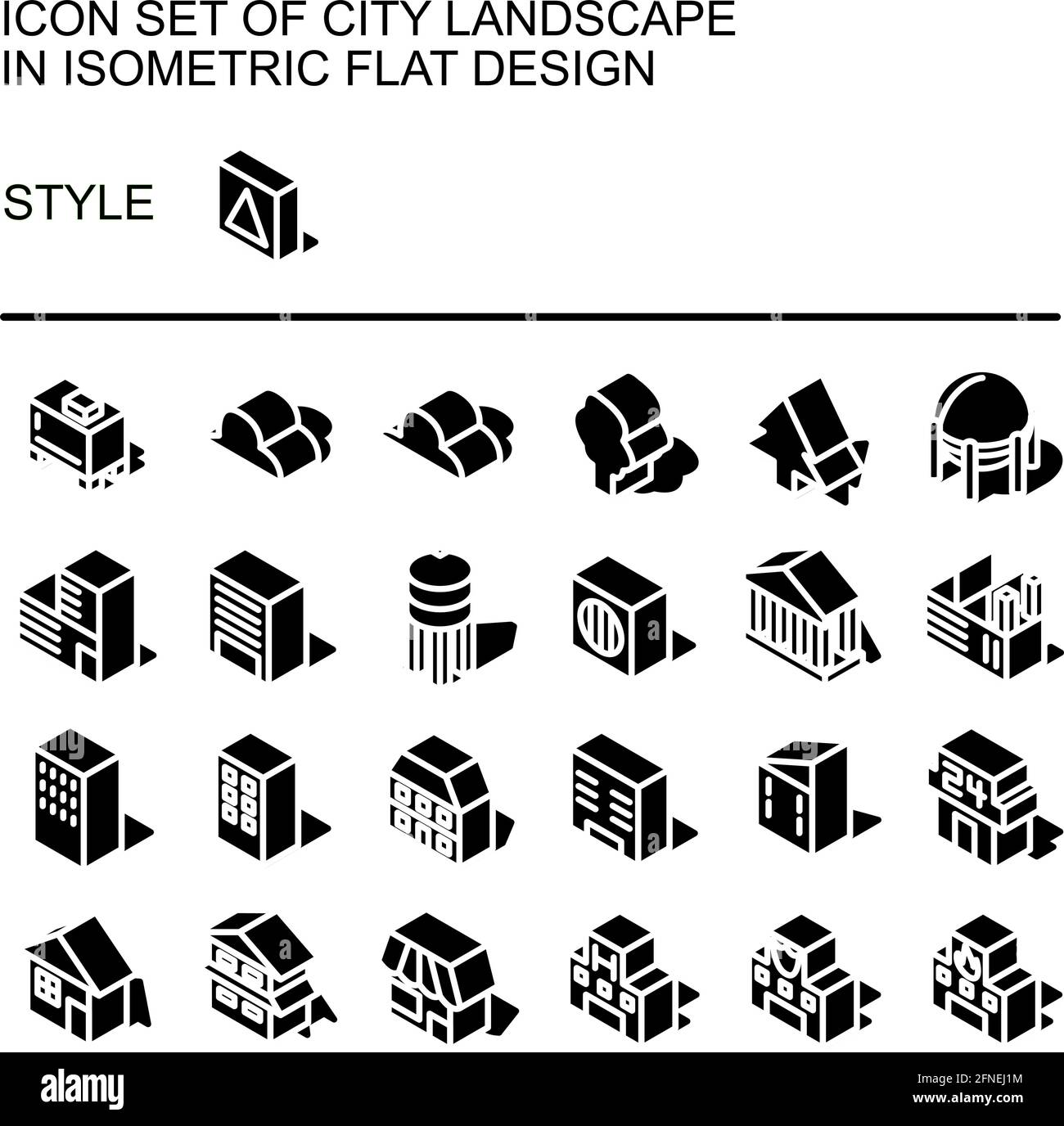 Icona del paesaggio urbano impostata in un design piatto isometrico con linee bianche, riempimenti neri, forma di un'ombra. Illustrazione Vettoriale