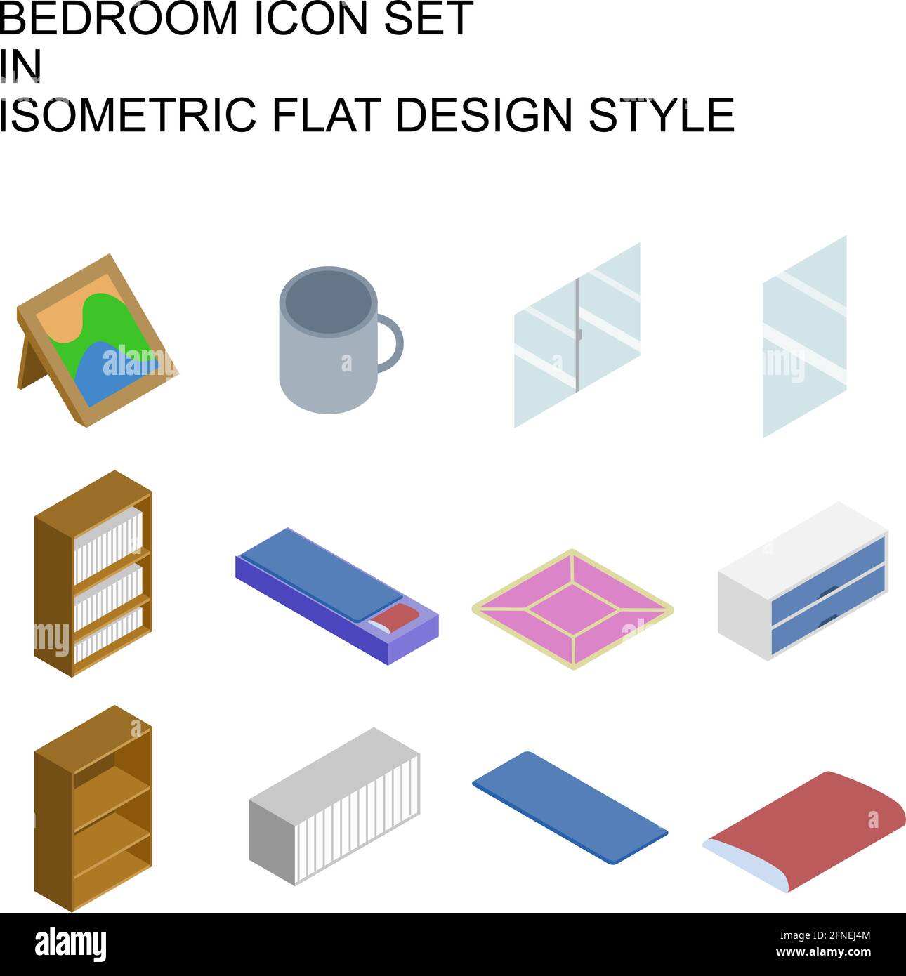 Camera da letto dal design piatto isometrico a colori. Illustrazione Vettoriale Camera da letto dal design piatto isometrico a colori. Illustrazione Vettoriale