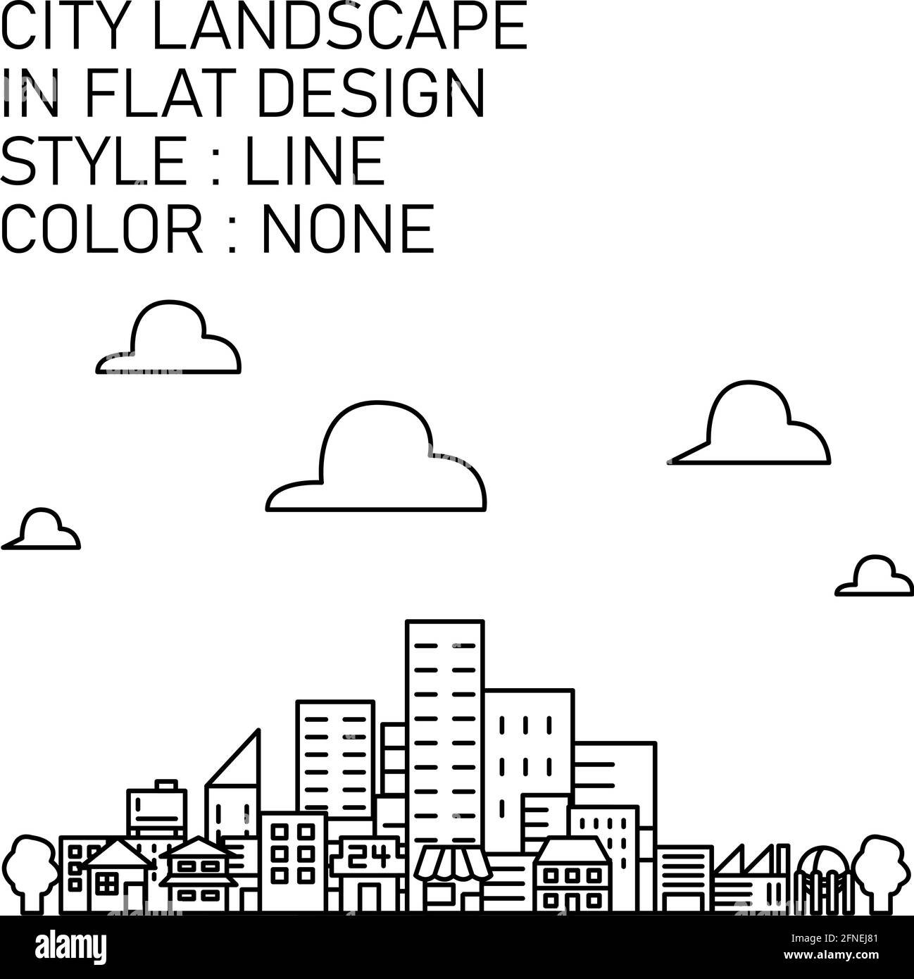 paesaggio urbano dal design piatto con linee nere, riempimenti bianchi. Illustrazione Vettoriale