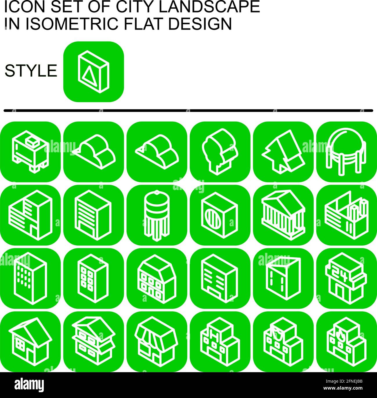 Icona del paesaggio urbano in un design piatto isometrico con linee bianche, riempimenti verdi su un quadrato rotondo di linea verde e sfondo di riempimento verde. Illustrazione Vettoriale