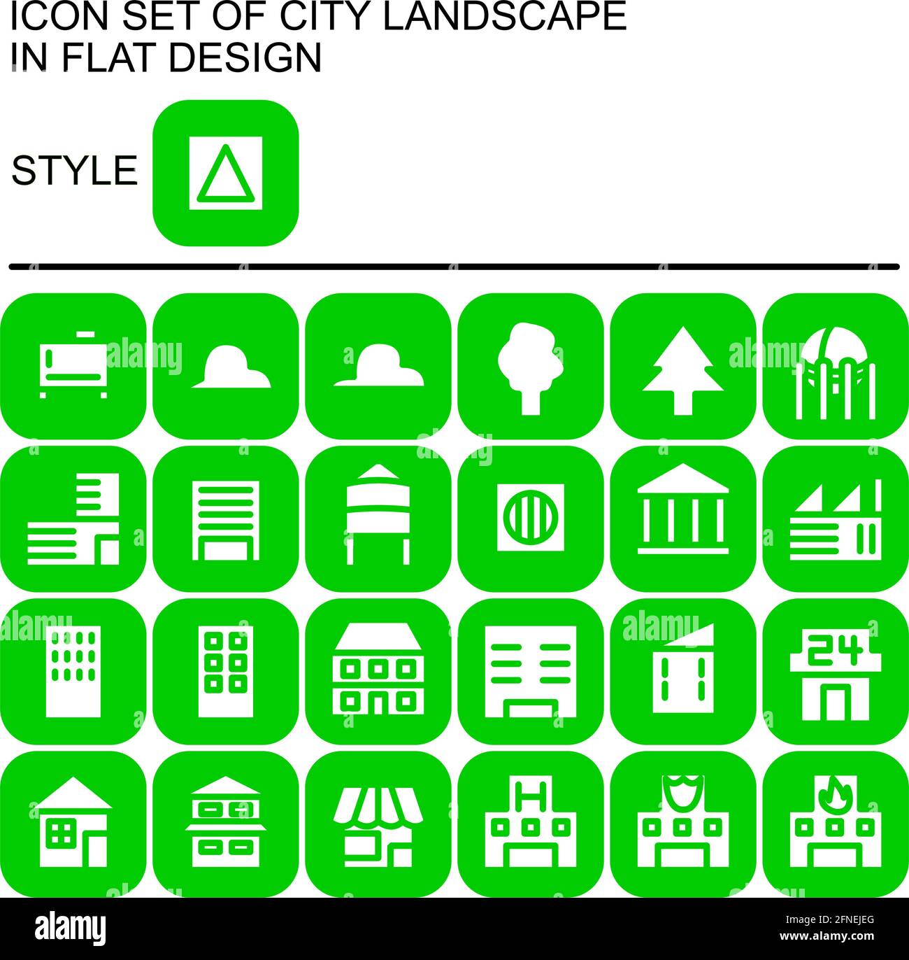 Icona del paesaggio urbano in un design piatto con linee verdi, riempimenti bianchi, su un quadrato rotondo di linea verde e sfondo di riempimento verde. Illustrazione Vettoriale