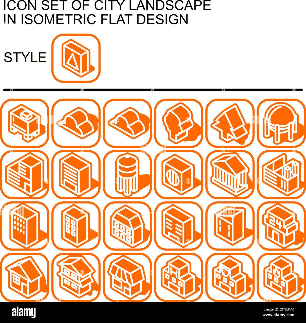 L'icona del paesaggio urbano è impostata in un design piatto isometrico con linee bianche, riempimenti arancioni, forma di un'ombra dell'arancione su un quadrato rotondo di linea arancione e. Illustrazione Vettoriale