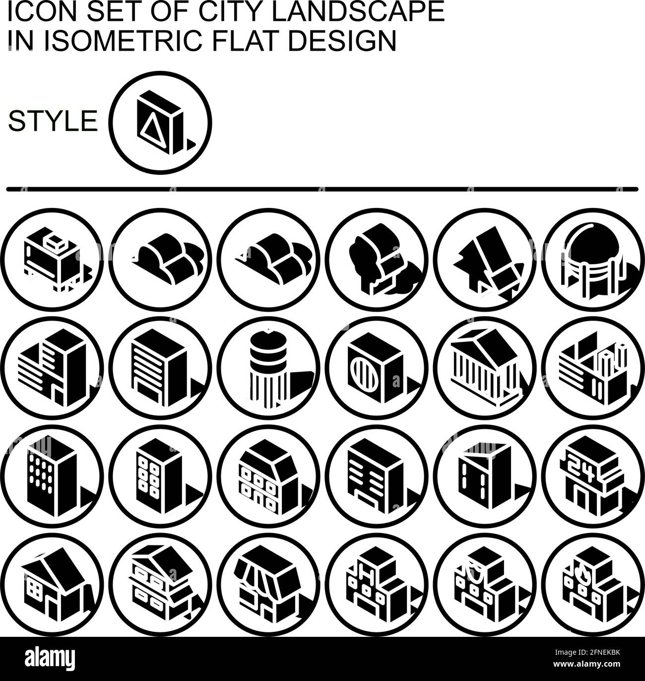 Icona del paesaggio urbano impostata in un design piatto isometrico con linee bianche, riempimenti neri, forma di un'ombra su un cerchio di linee nere e sfondo di riempimento bianco. Illustrazione Vettoriale