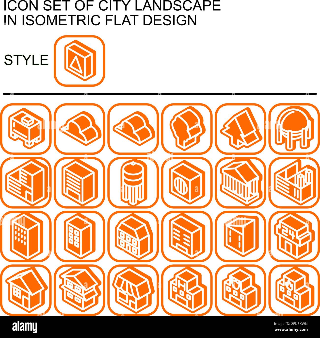 Icona del paesaggio urbano in un design piatto isometrico con linee bianche, riempimenti arancioni, ombra dell'arancione su un quadrato rotondo di linea arancione e bianco Illustrazione Vettoriale