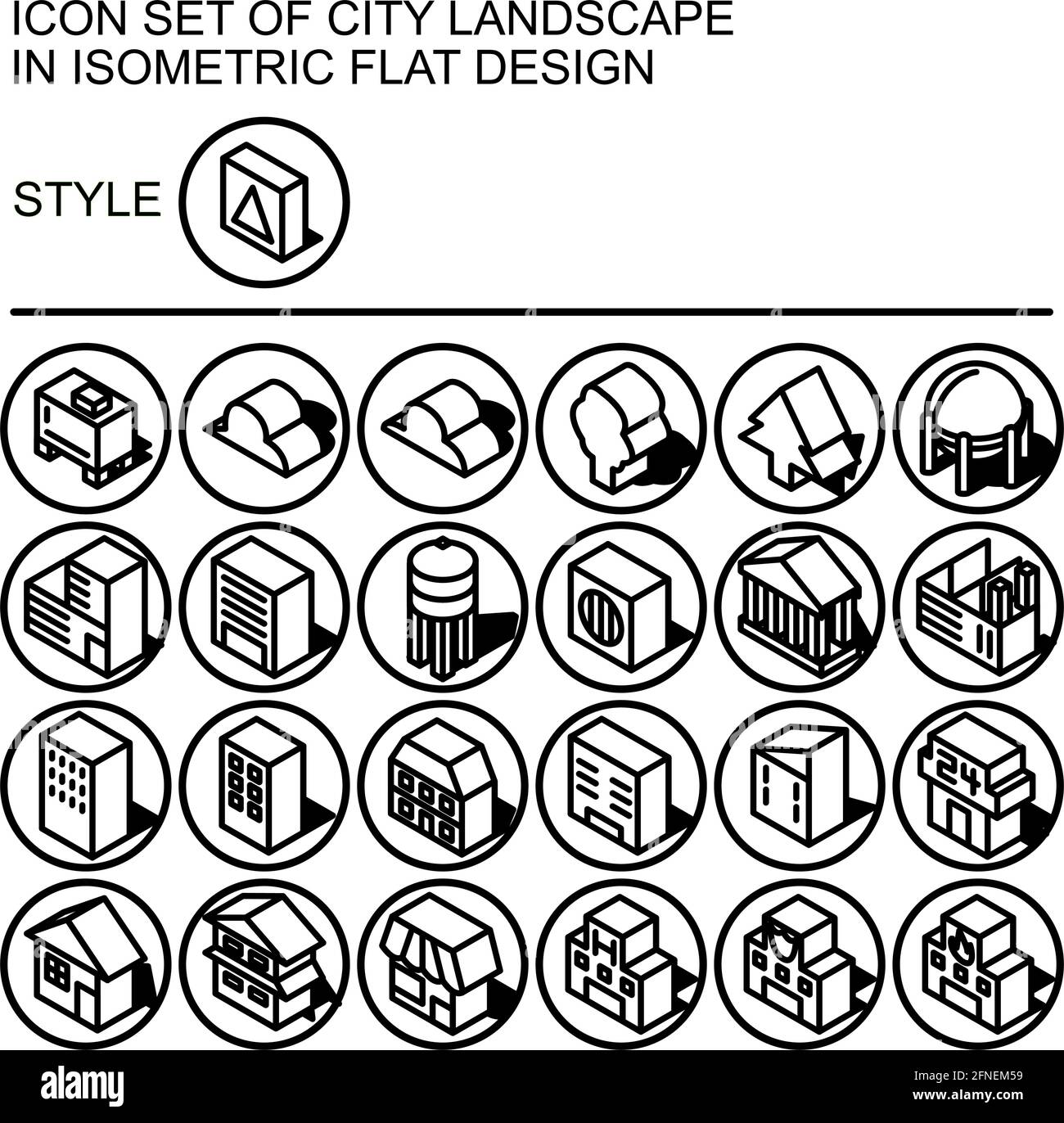 Icona del paesaggio urbano impostata in un design piatto isometrico con linee nere, riempimenti bianchi, forma di un'ombra su un cerchio di linee nere e riempimento bianco dello sfondo. Illustrazione Vettoriale