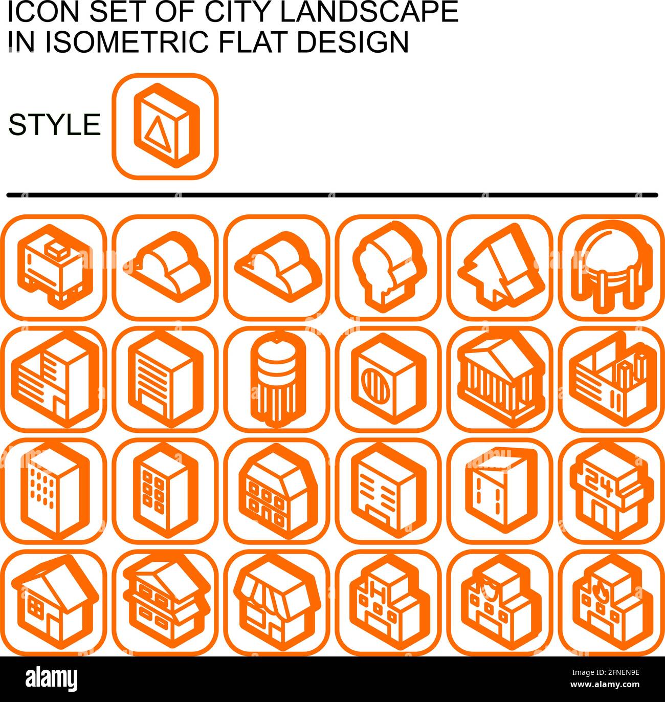 Icona del paesaggio urbano in un design piatto isometrico con linee arancioni, riempimenti bianchi, ombra dell'arancione su un quadrato rotondo di linea arancione e bianco Illustrazione Vettoriale