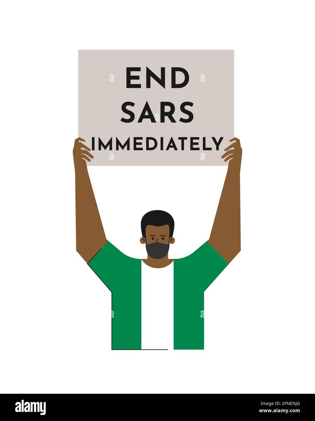 Concetto piatto isolato vettoriale. Singolo picket e sciopero di uomo nigeriano in t-shirt a colori della bandiera nazionale. Tiene un cartello con la richiesta di terminare la polica Illustrazione Vettoriale