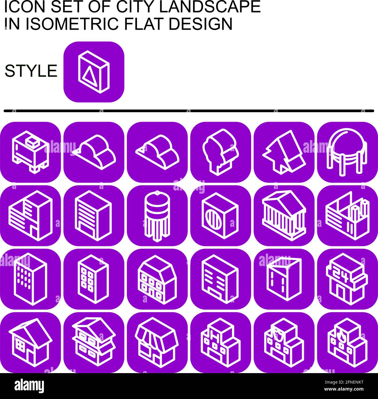 Icona del paesaggio urbano in un design piatto isometrico con linee bianche, riempimenti viola su un quadrato rotondo di linea viola e sfondo di riempimento viola. Illustrazione Vettoriale