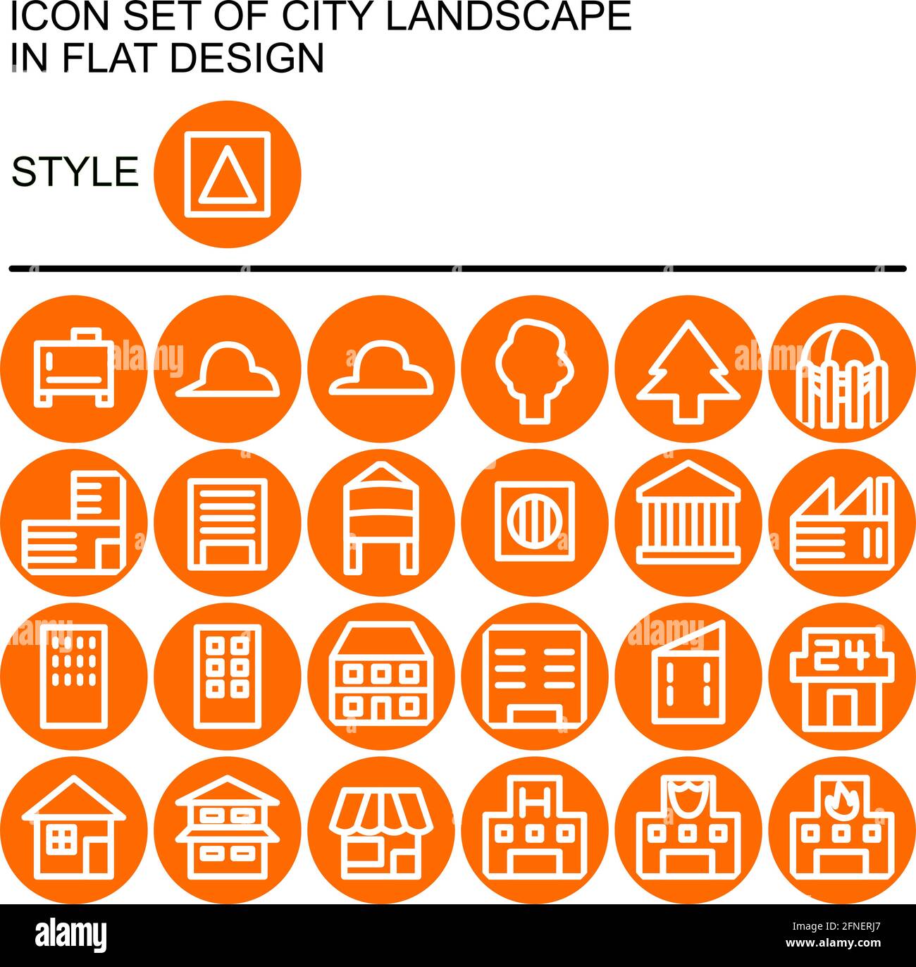 Icona del paesaggio urbano in un design piatto con linee bianche, riempimenti arancioni su un cerchio di linea arancione e sfondo con riempimento arancione. Illustrazione Vettoriale