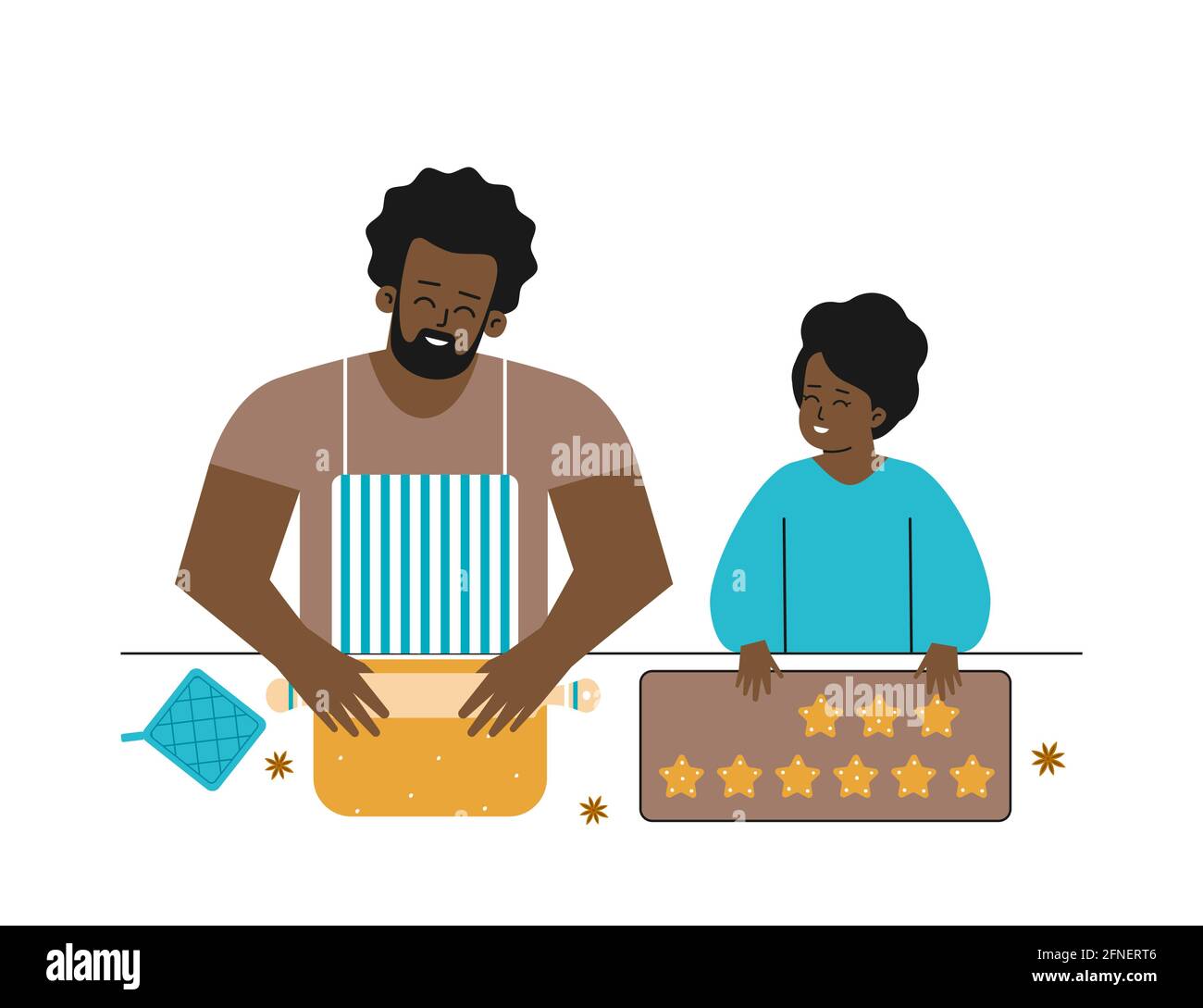 Immagine piatta isolata dal vettore. Felice African American ragazza aiuta singolo padre, pone i biscotti su foglio di cottura. Daddy arrotola pasta, insegna figlia Illustrazione Vettoriale