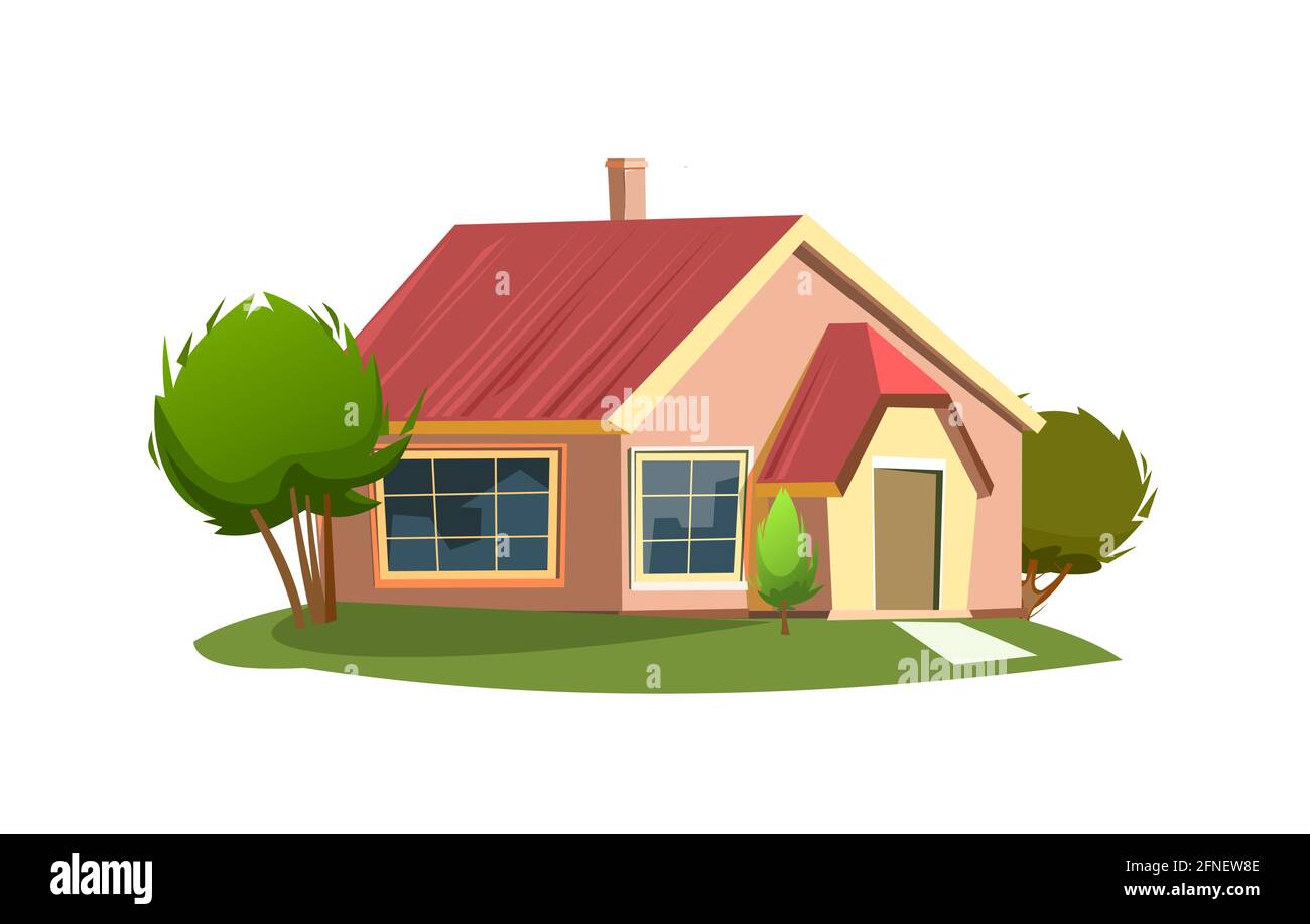 Casa rurale nel prato. Mezzo giro. Allegro cartone animato in stile piatto. Isolato su sfondo bianco. Tetto apribile. Piccolo accogliente cottage suburbano con alberi Illustrazione Vettoriale