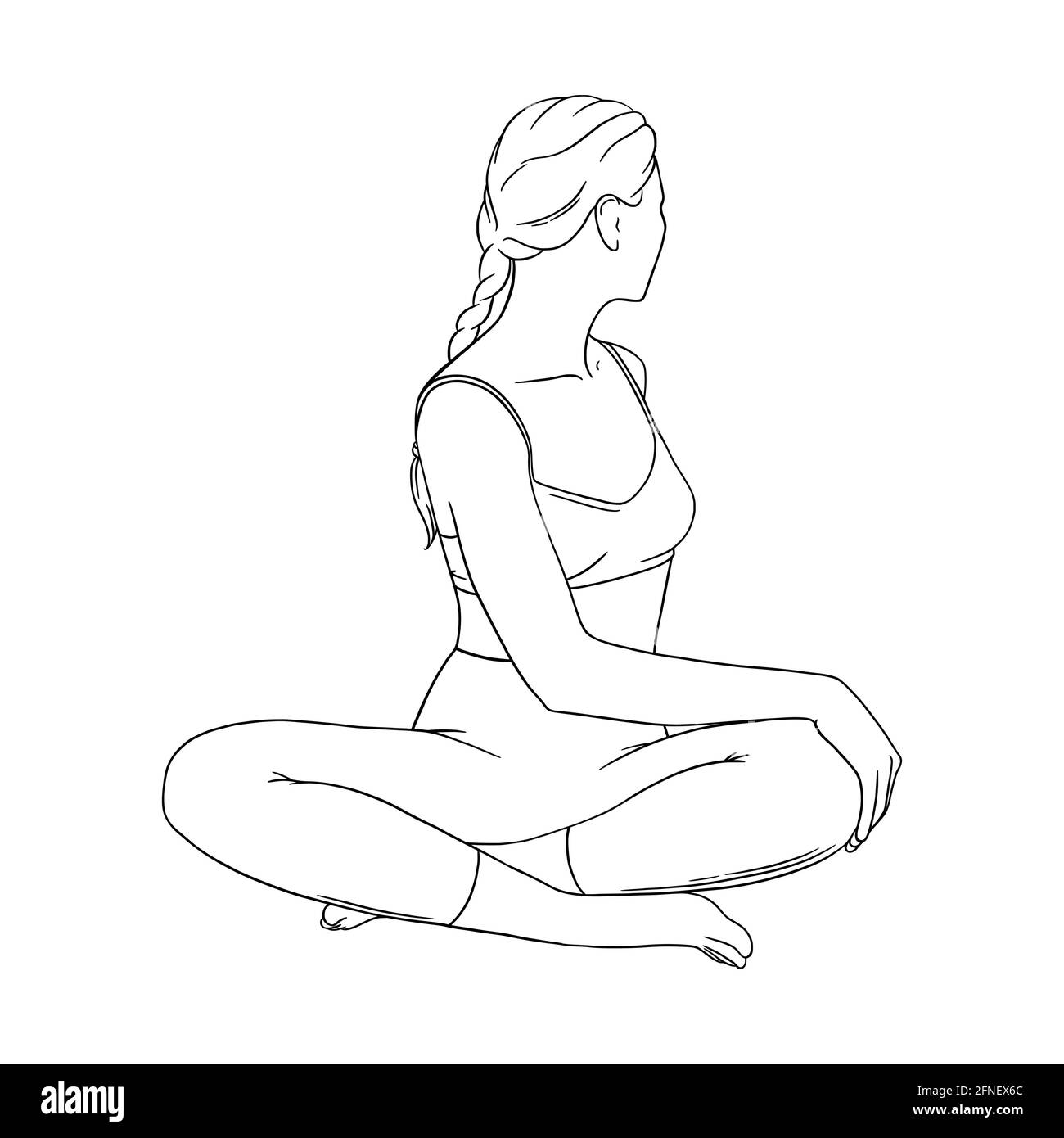 Yoga Easy Sested Twist eseguito da donna. Colonna vertebrale attorcigliata asana. Illusione vettoriale incisa Illustrazione Vettoriale