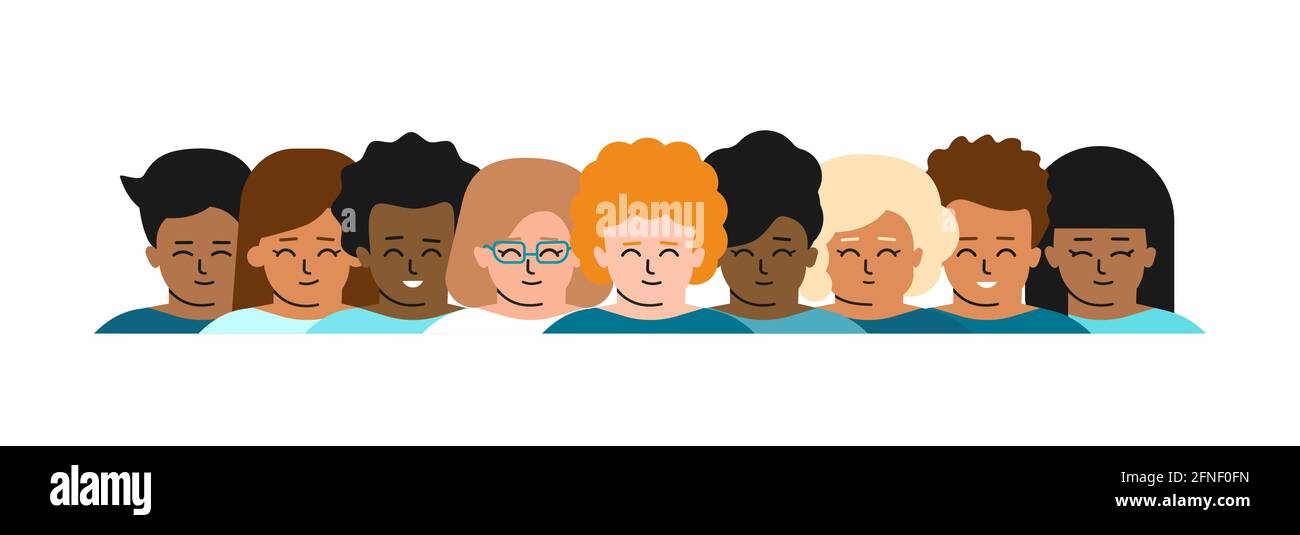 Vettore piatto isolato illustrazione con ritratto di gruppo di bambini cartoni animati. Diversità razziale ed etnica. Problema di tolleranza e stop bullismo a scho Illustrazione Vettoriale