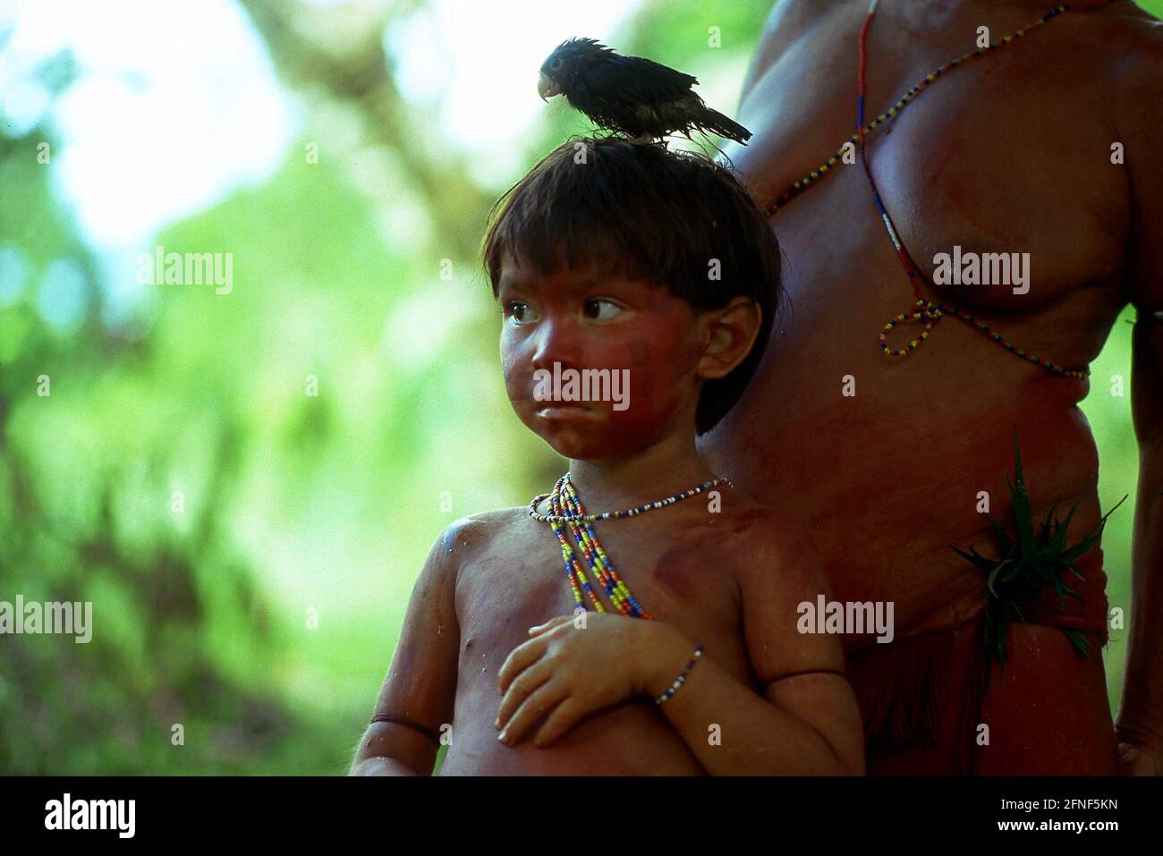 Yanomami bambino con la cosiddetta pittura protettiva e un uccello sulla sua testa si trova di fronte alla madre. [traduzione automatizzata] Foto Stock