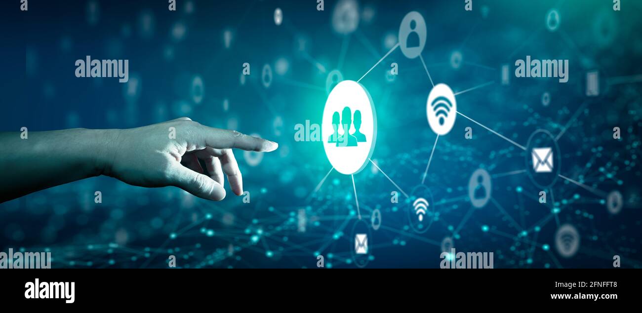 Uomo d'affari leader internet wireless icona .comunicazione wireless, connessione moderna e tecnologie di social networking per le imprese. Supporti misti. Foto Stock