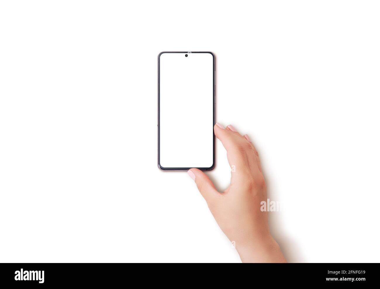 Smartphone a mano con display isolato su superficie bianca. Presentazione delle app mobili. Vista dall'alto, disposizione piatta Foto Stock