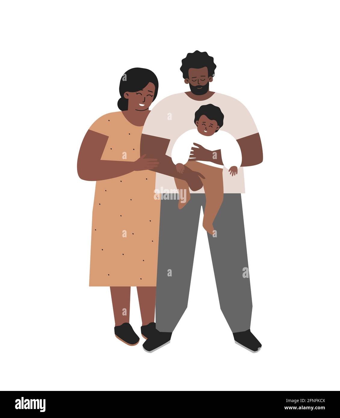 Immagine piatta isolata dal vettore. Il padre adottivo afroamericano tiene tra le sue braccia il bambino adottato. Madre si alza con loro. Felice famiglia mostra amore e. Illustrazione Vettoriale