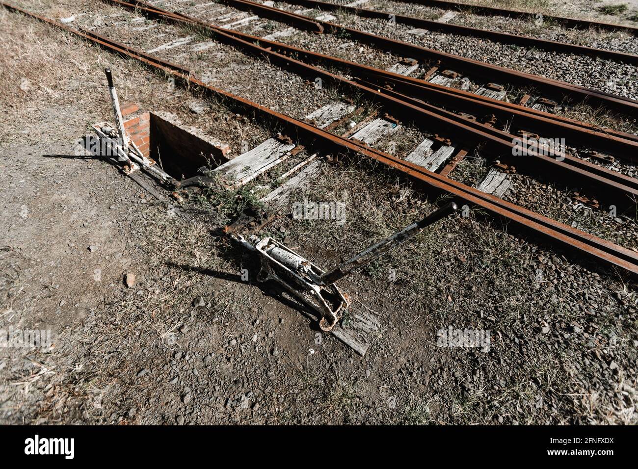 Una leva utilizzata sulle rotaie del treno per cambiare le rotaie su una ferrovia abbandonata Foto Stock