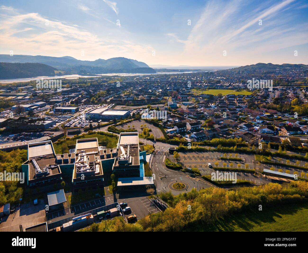 Immagine aerea del Palazzo del Parlamento gallese a Llandudno Junction Foto Stock