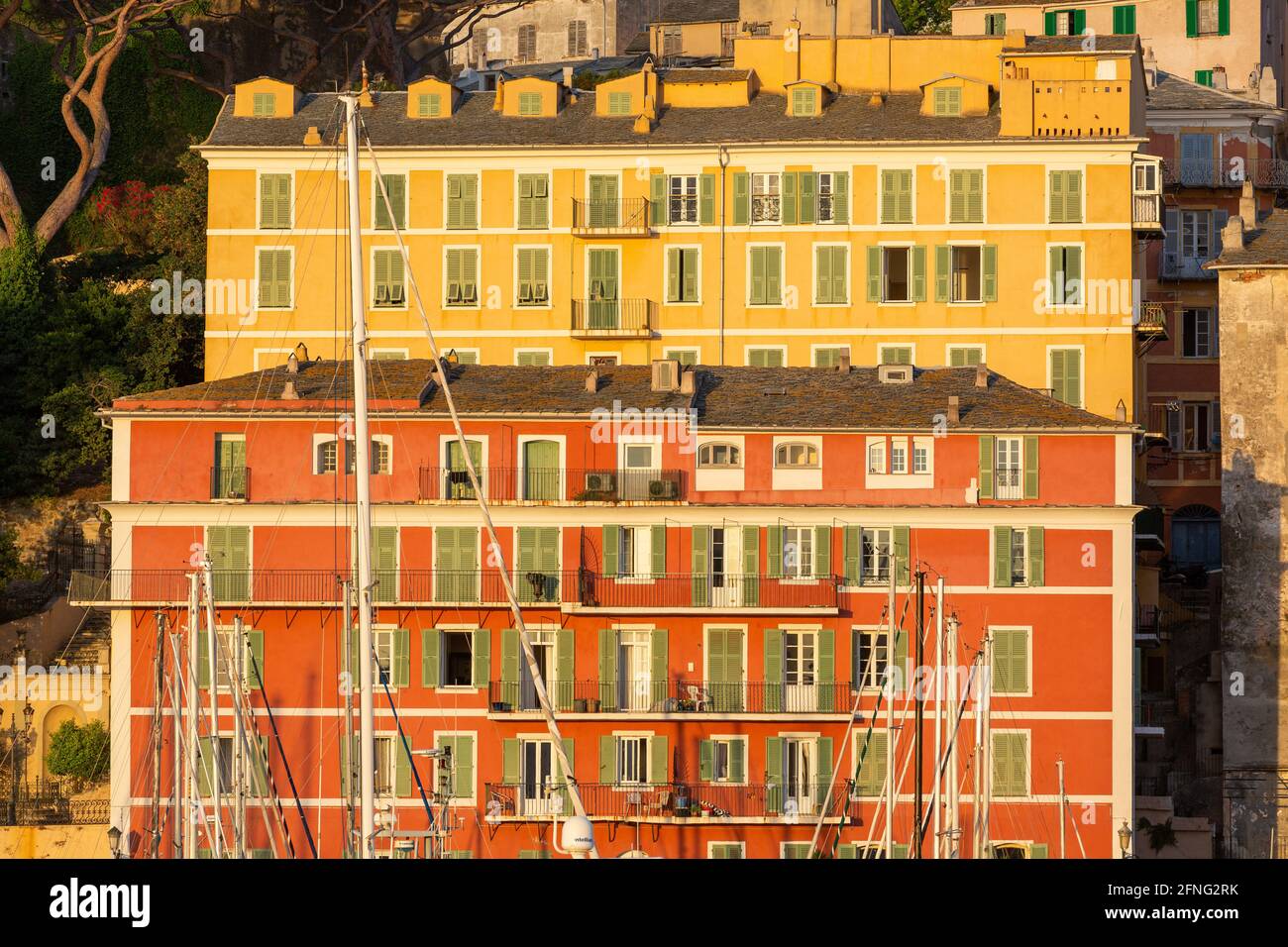 Il porto e la città di Bastia, Corsica, all'alba Foto Stock