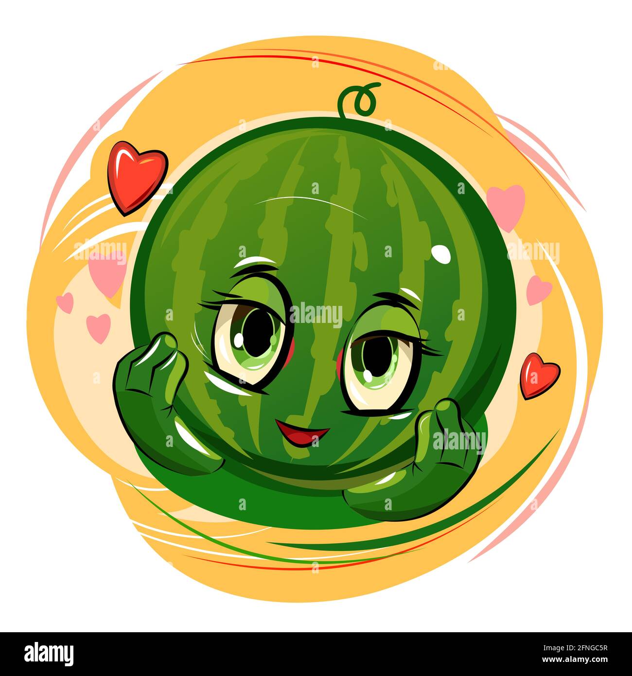 Cocomero sorriso allegro. Bacche rosse succose con un muso. Stile cartone animato. Isolato su sfondo bianco. Illustrazione vettoriale. Estate brillante Illustrazione Vettoriale