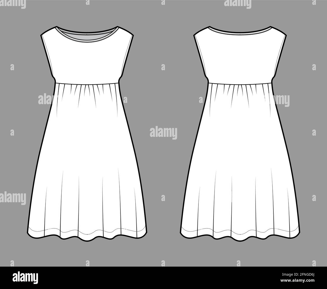 Indossa la bambola con illustrazione tecnica della moda, senza maniche,  corpo oversize, gonna a-line lunga il ginocchio, collo della barca.  Abbigliamento piatto, anteriore, posteriore, colore bianco. Donne, uomini  unisex CAD mockup Immagine