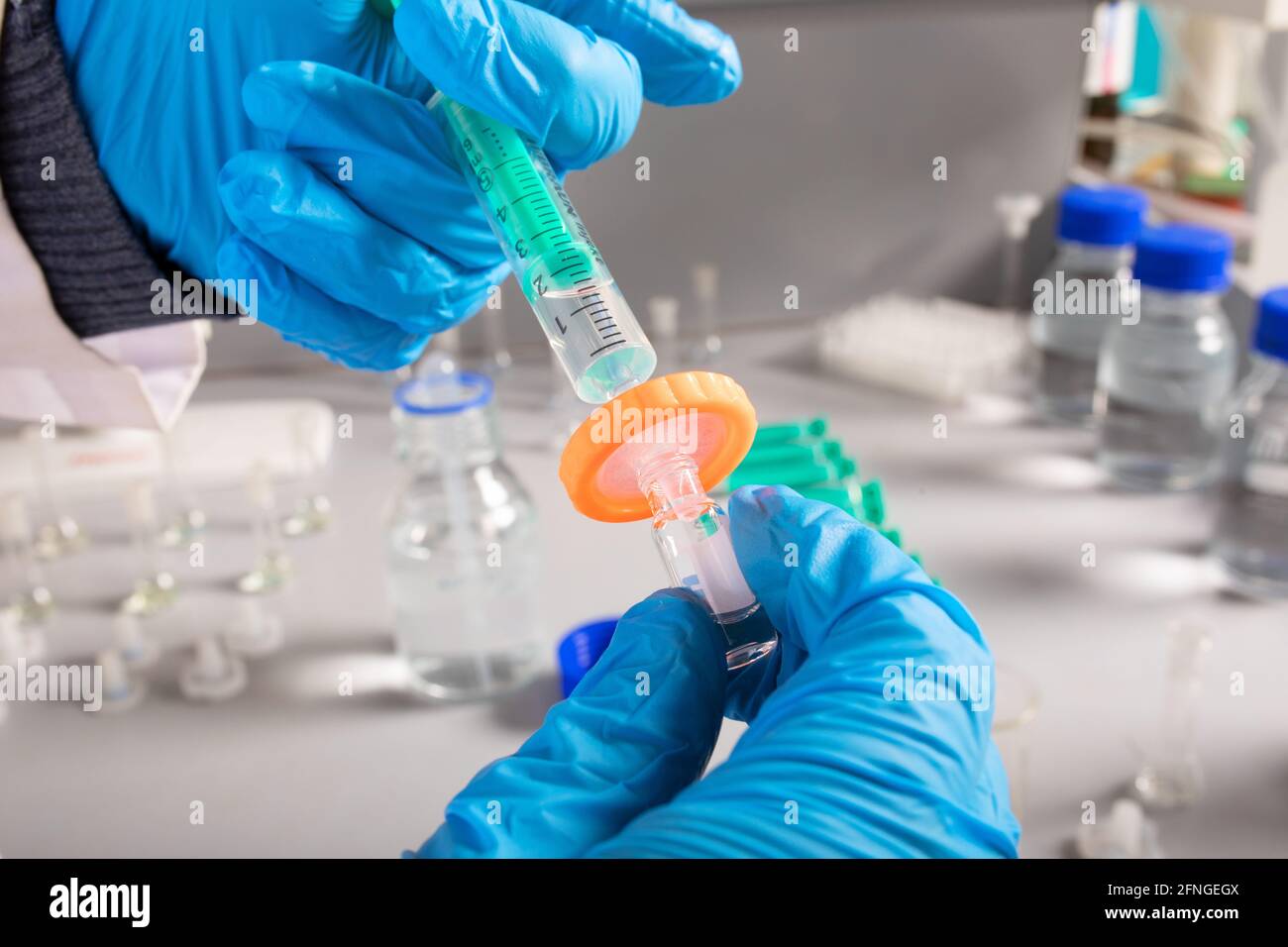 Coltivare biologo irriconoscibile in guanti in lattice riempiendo l'iniettore con liquido da un piccolo flacone in laboratorio Foto Stock