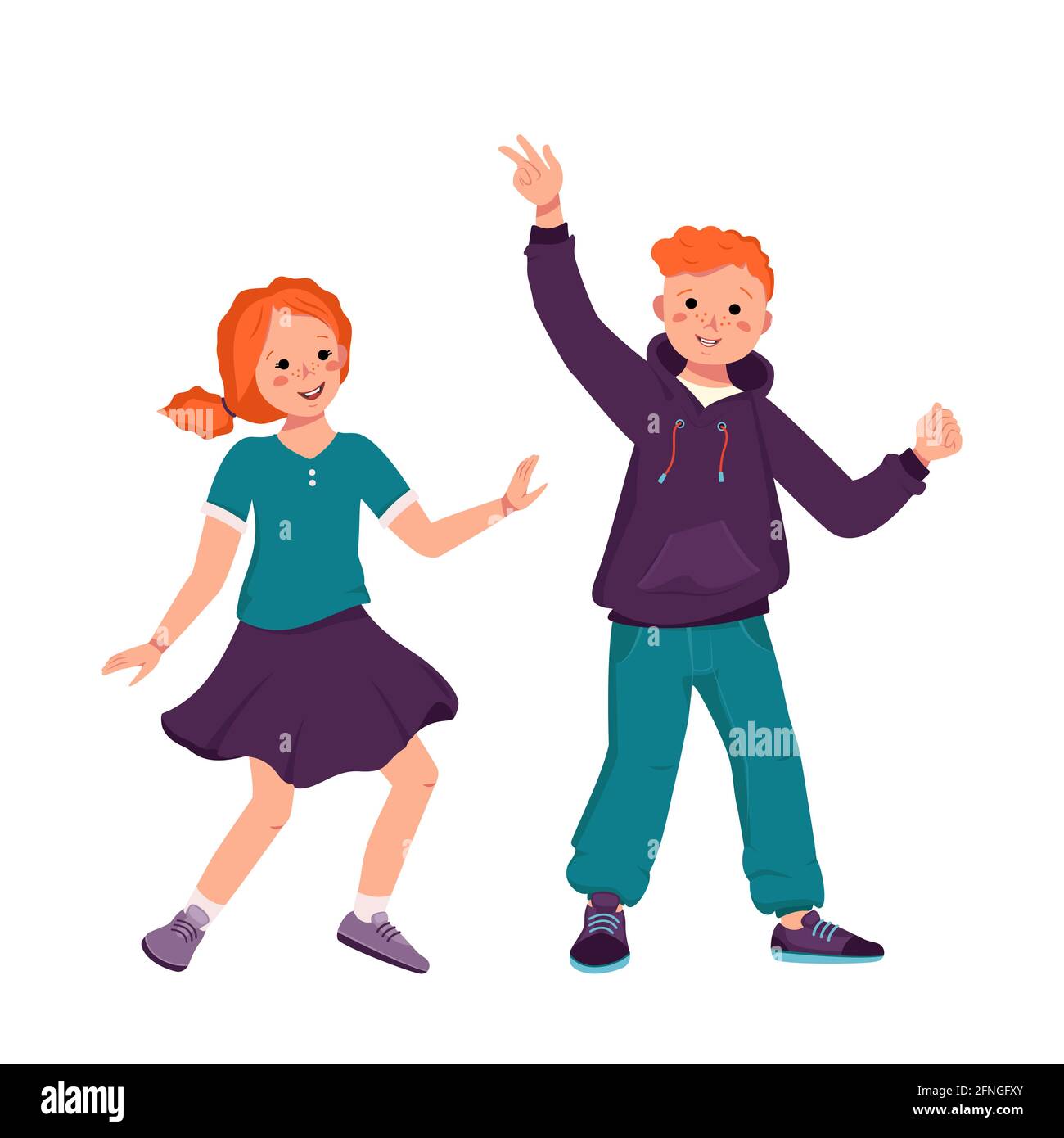 Un ragazzo in una felpa con cappuccio e jeans e una ragazza in una gonna e una camicia con capelli ricci rossi e frincelli. Felici i bambini sorridenti che ballano. Adolescenti in abiti casual Illustrazione Vettoriale