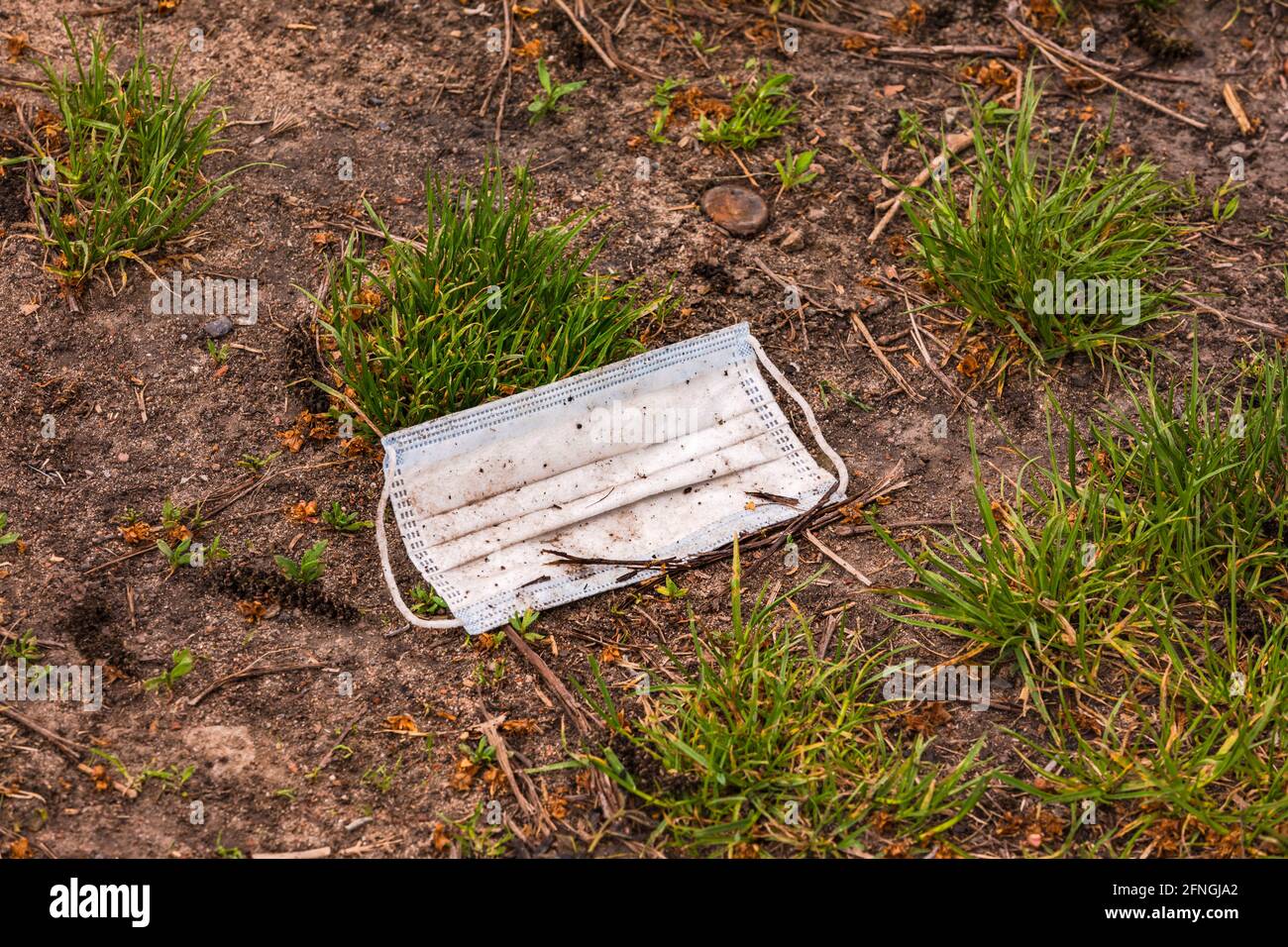 Una maschera chirurgica persa nella pandemia COVID-19 inquina ambiente in un campo Foto Stock