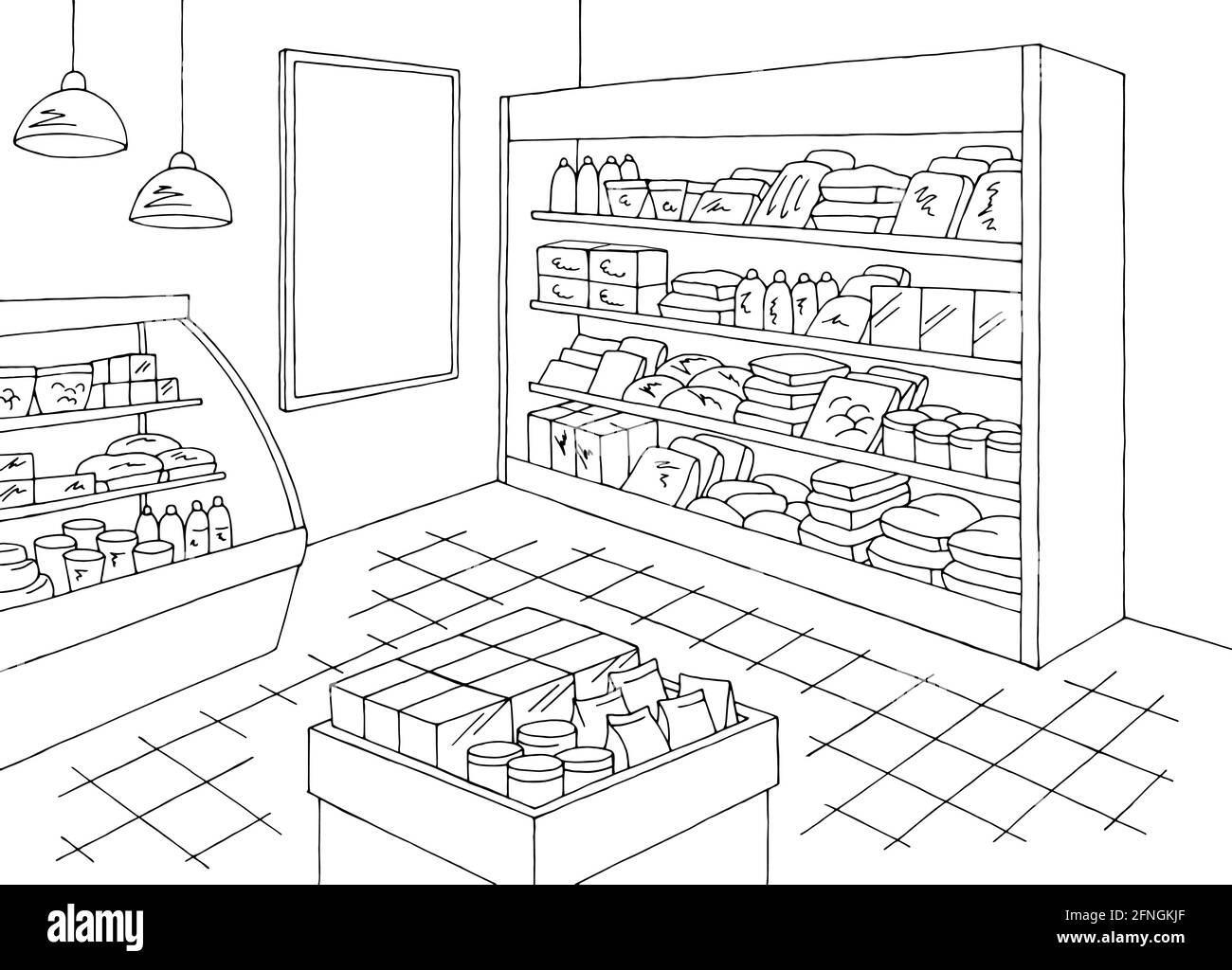Negozio di alimentari interni nero bianco grafico disegno vettore illustrazione Illustrazione Vettoriale
