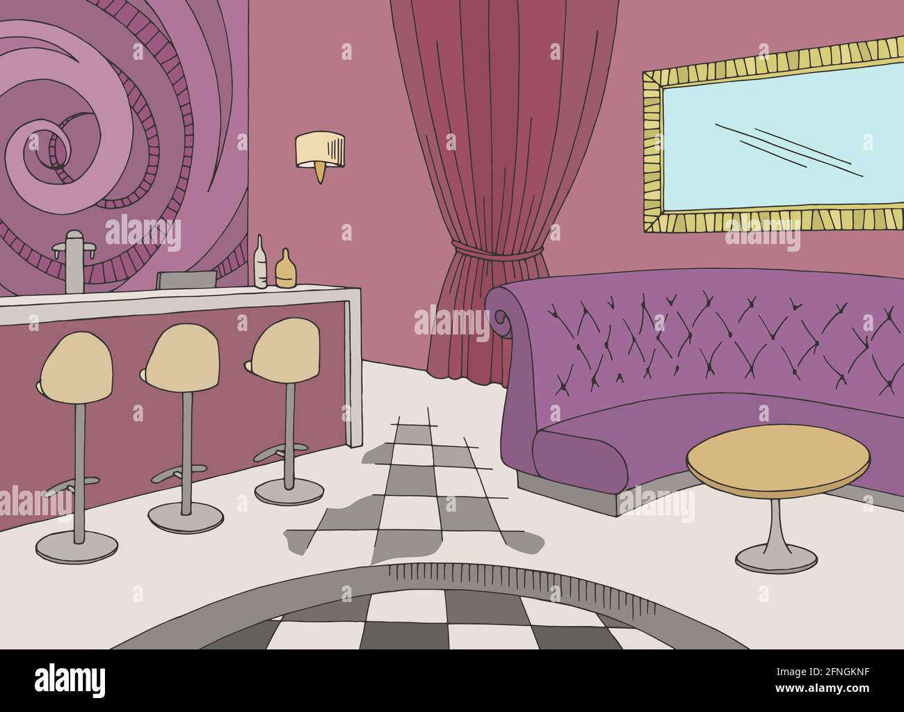 Night club cafe bar grafico colore interno disegno vettore illustrazione dello schizzo Illustrazione Vettoriale