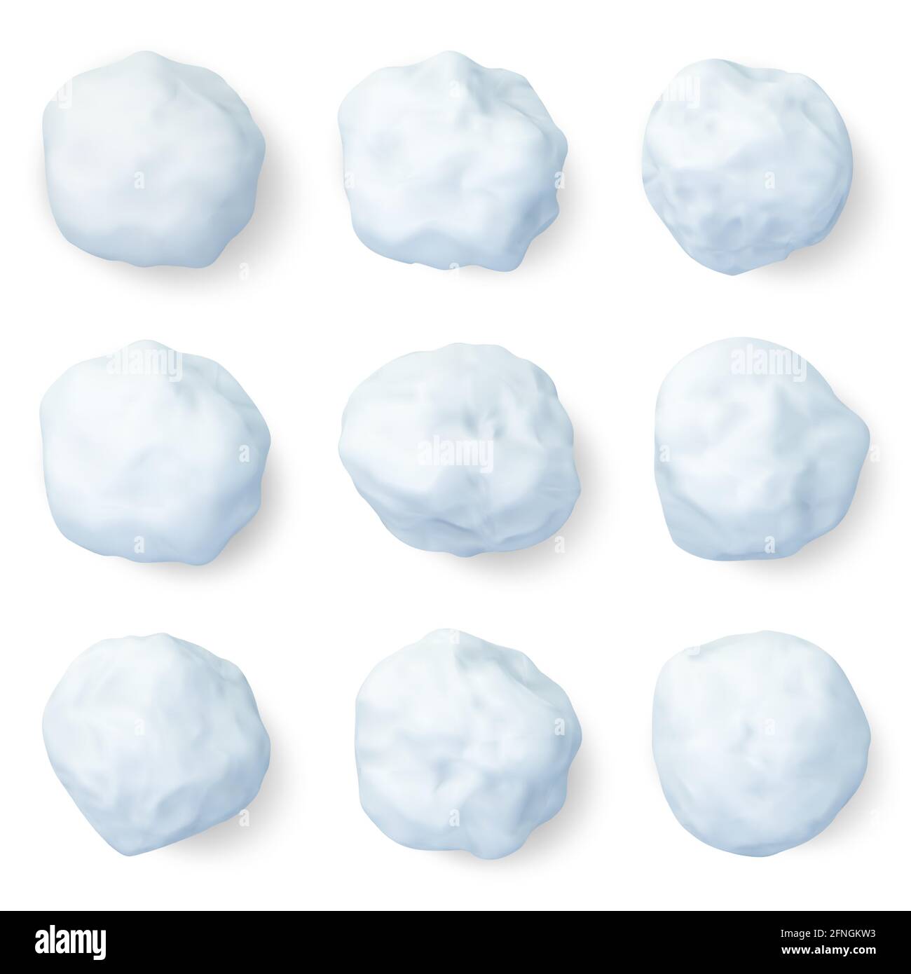 Palle di neve realistiche. Inverno palla di neve ghiacciata, natale decorazioni nevose o bambini inverno palle di neve elementi di gioco vettore illustrazione set. 3D bianco Illustrazione Vettoriale