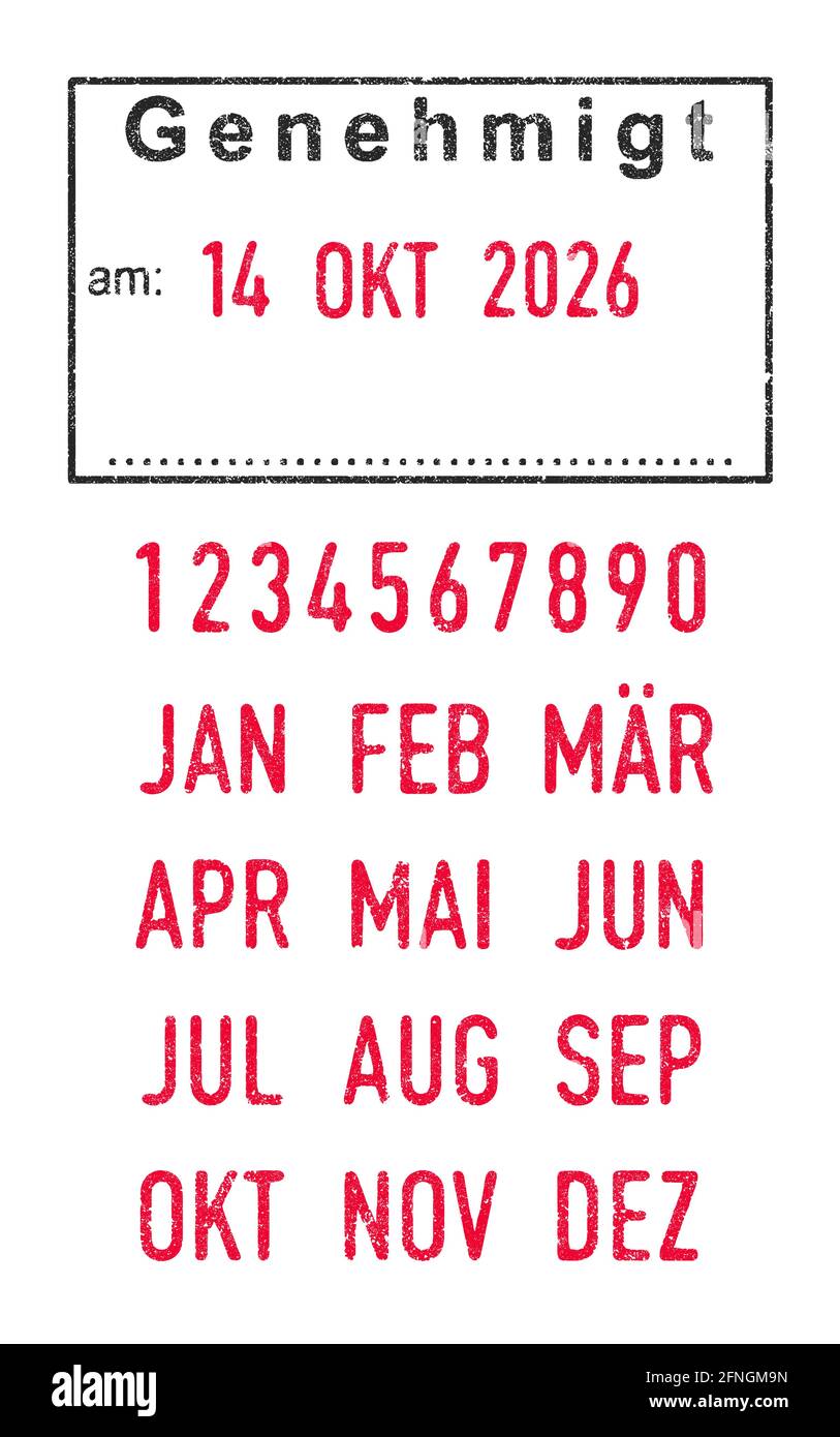 Illustrazione vettoriale della parola tedesca Genehmigt (approvata) timbro e date modificabili (giorno, mese e anno) in stampini d'inchiostro Illustrazione Vettoriale