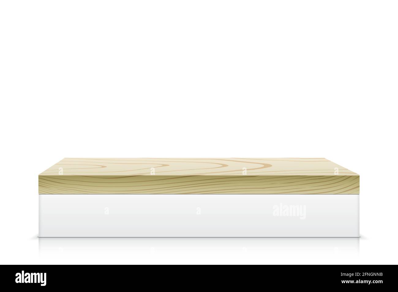 Stativo rettangolare in legno, isolato su sfondo bianco. Ampia piattaforma estetica in legno, per la presentazione del prodotto o il posizionamento di oggetti. Moderno display vettoriale minimalista. Illustrazione Vettoriale