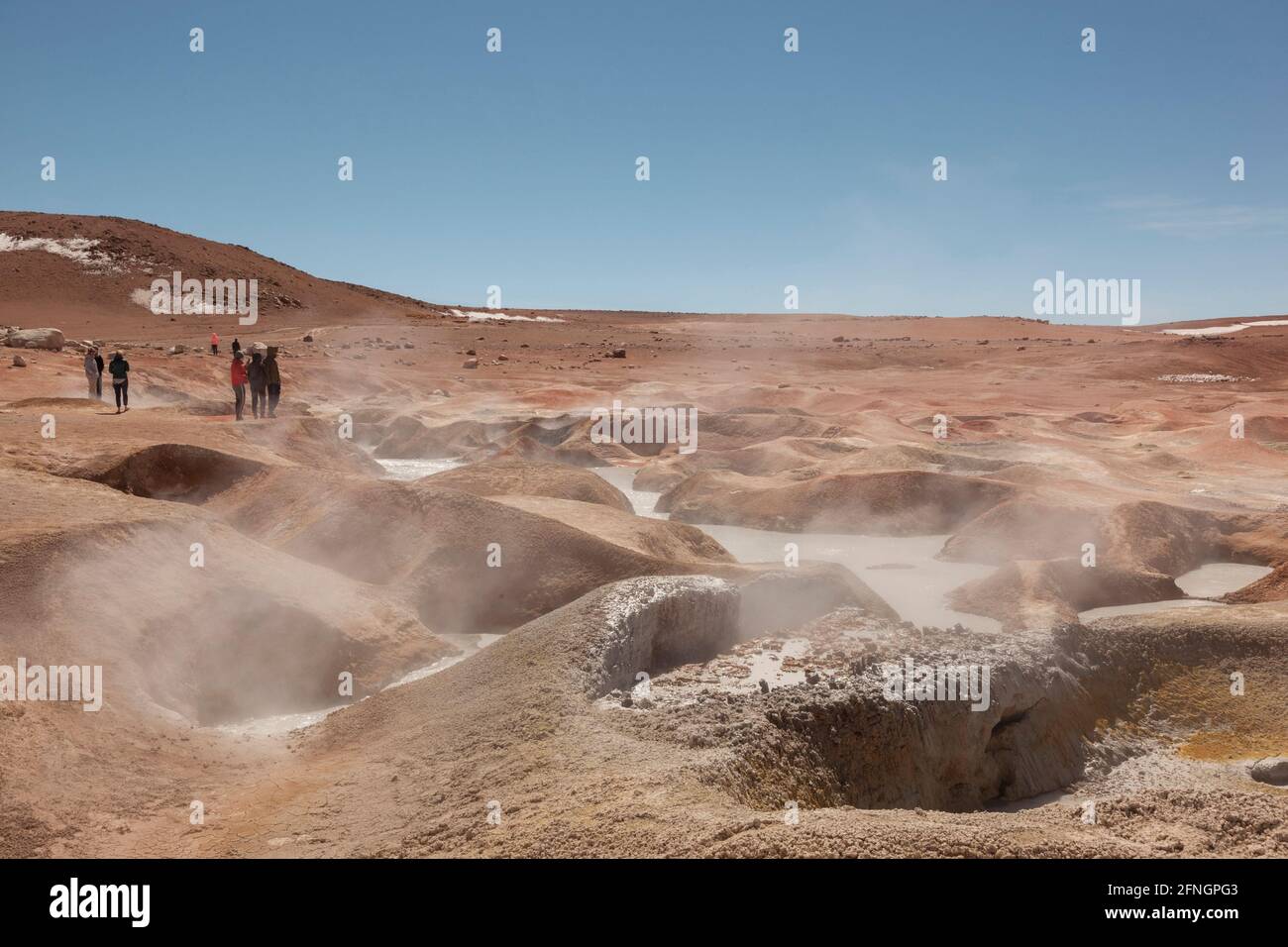 Piscine geotermiche di fango presso il Geyser Sol de Manana, sull'Altiplano Boliviano Foto Stock