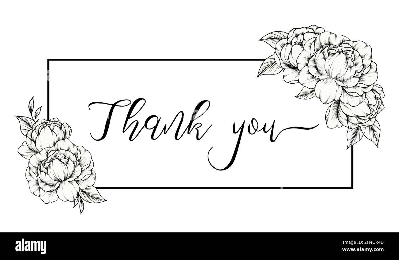 Grazie carta, mano nera scritta calligraphy testo con cornice quadrata linea e mano disegnati fiori di pony, grazie scritte, disegno di illustrazione piatto Foto Stock